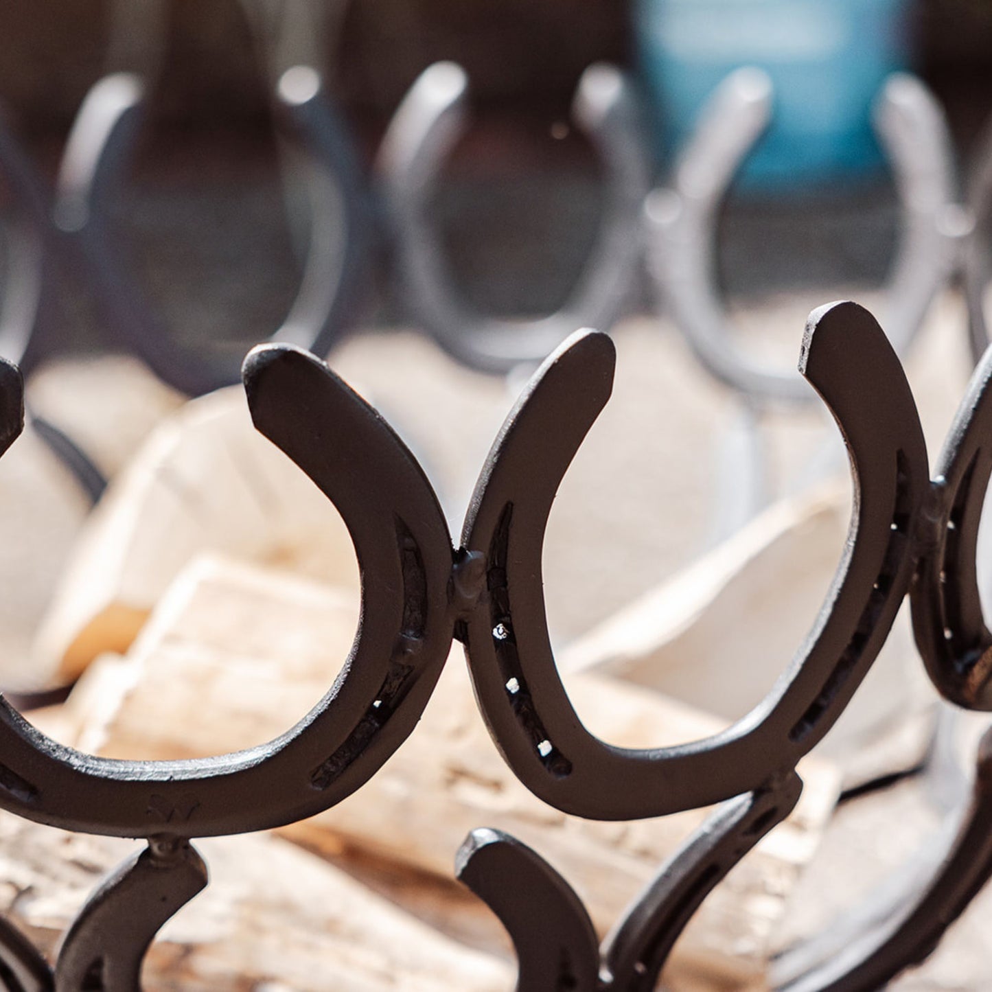 A closeup of the horseshoes that form a handmade fire pit. The horseshoes have a black painted finish.