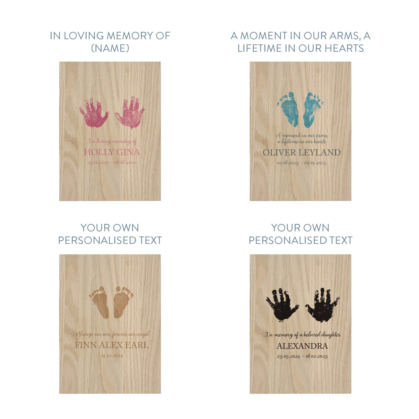 Phrase options for memorial oak book photo frame with personalised name, colour and text.