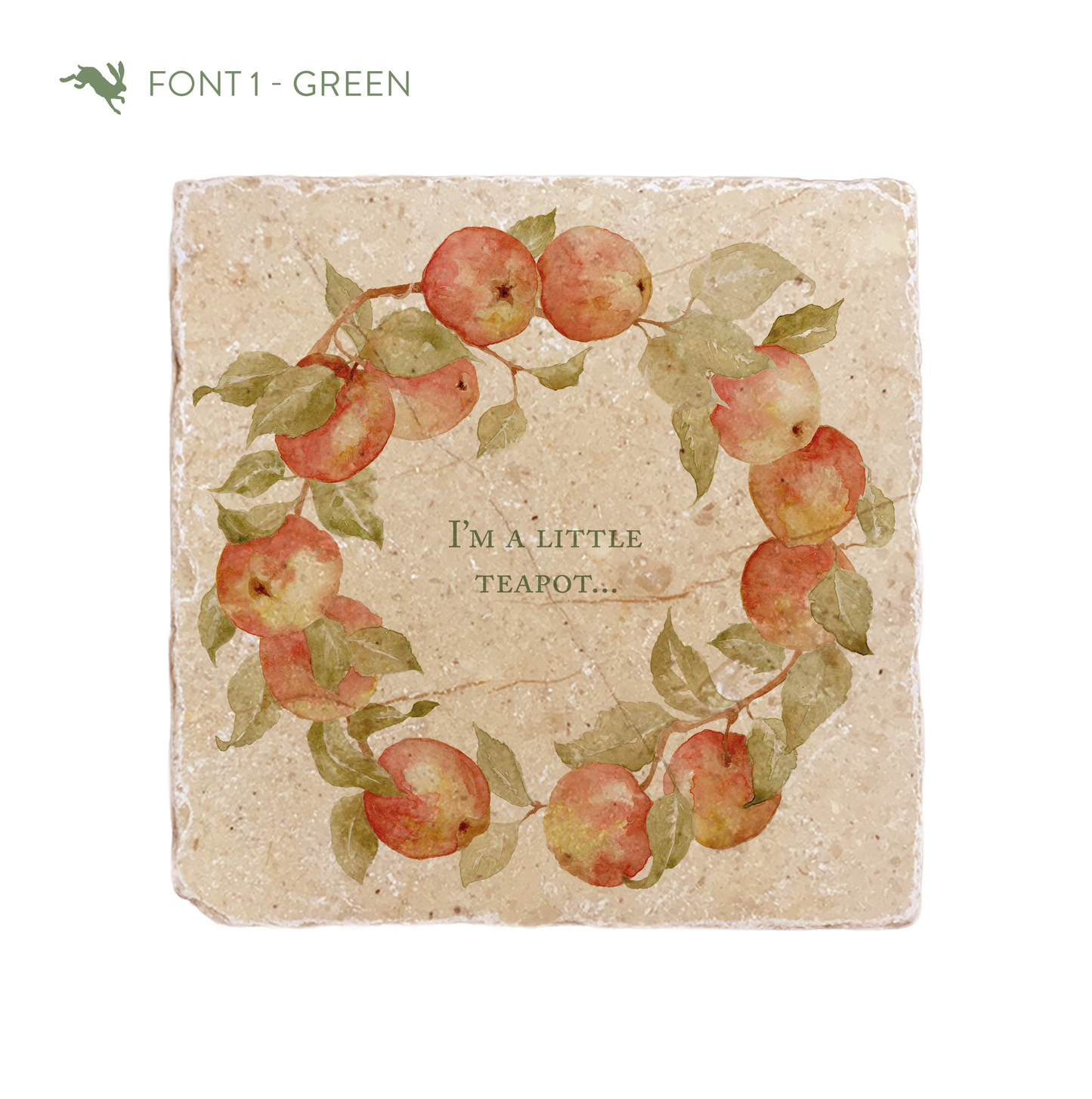 A medium marble platter featuring a wreath of watercolour apples and leaves, personalised with a custom phrase in the centre of the platter in a green font.