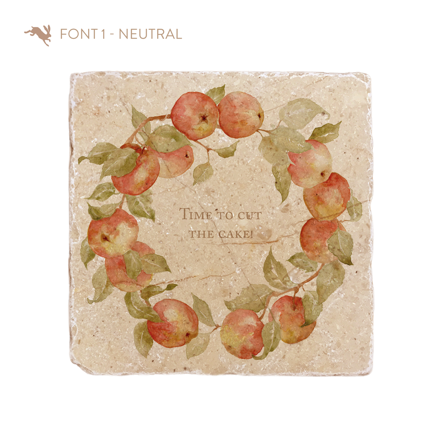 A medium marble platter featuring a wreath of apples and leaves, personalised with a bespoke phrase in the centre of the platter in a neutral font.