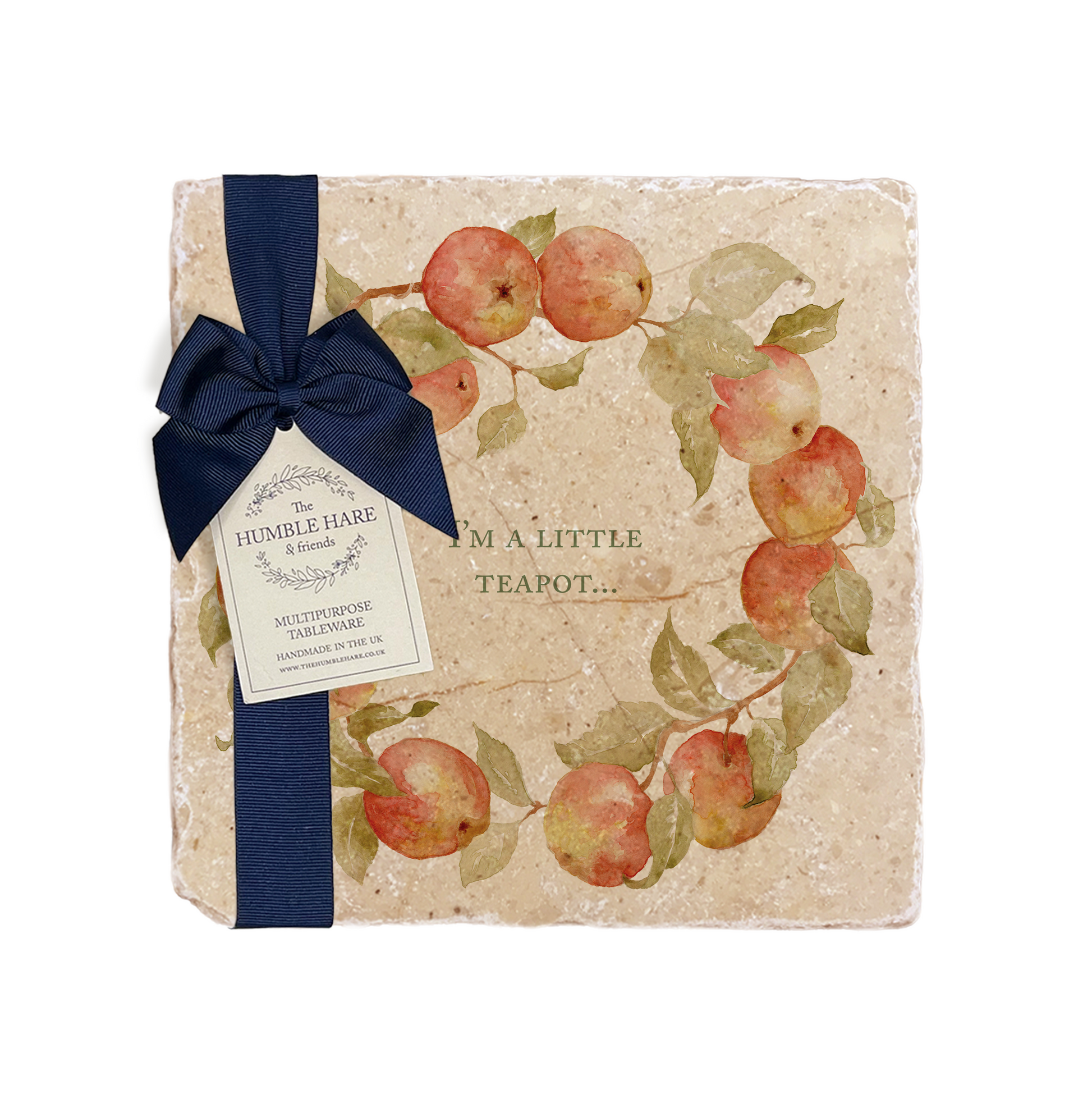 A personalised marble platter featuring a wreath of apples and leaves, with a bespoke message in the centre of the design. The platter is packaged with a luxurious blue gift bow and tag.