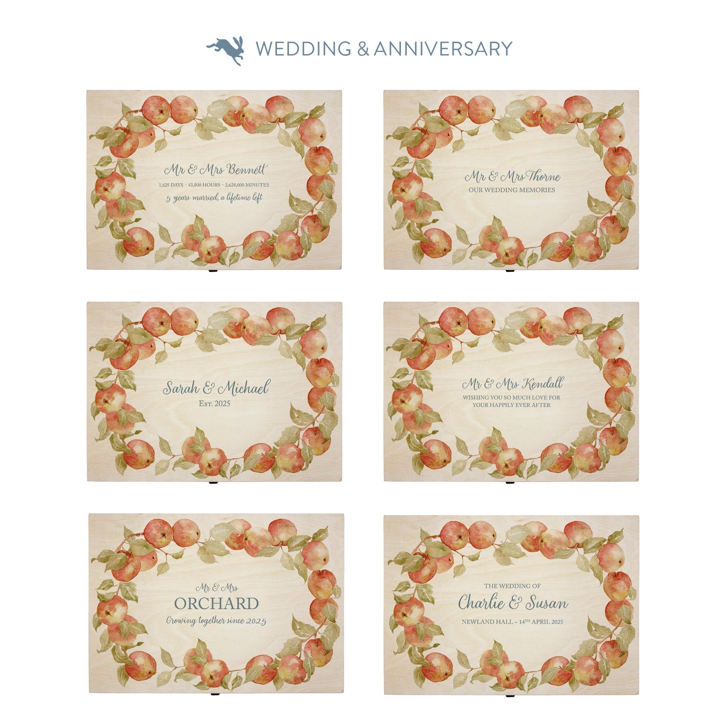 This shows our beautiful medium wooden & anniversary gift box with the various personalisation options you can choose to offer a truly customised present for a loved one. Couples names, Mr & Mrs, dates the options are endless.