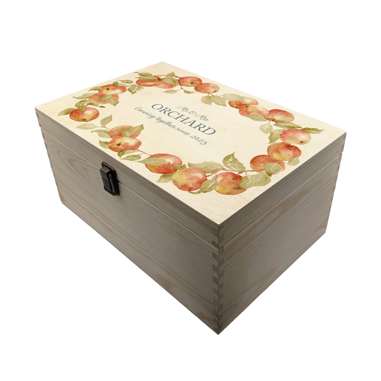 Large Apple wreath Personalised wedding keepsake box with vibrant watercolour fruit design, featuring the couple’s names and wedding date on natural pine wood.