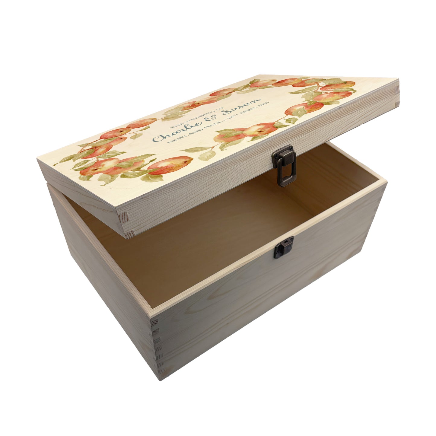 Large Apple wreath Personalised wedding keepsake box with vibrant watercolour fruit design, featuring the couple’s names and wedding date on natural pine wood.