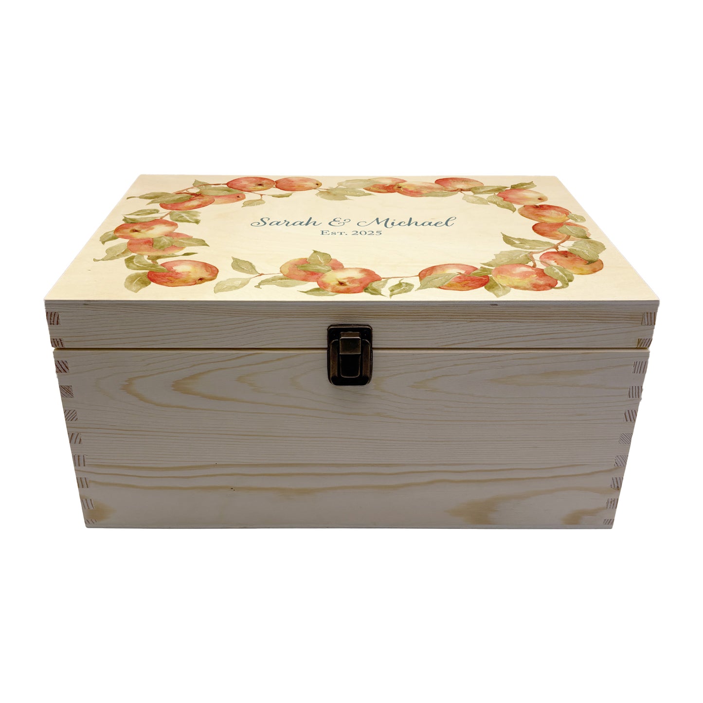 Large Apple wreath Personalised wedding keepsake box with vibrant watercolour fruit design, featuring the couple’s names and wedding date on natural pine wood.