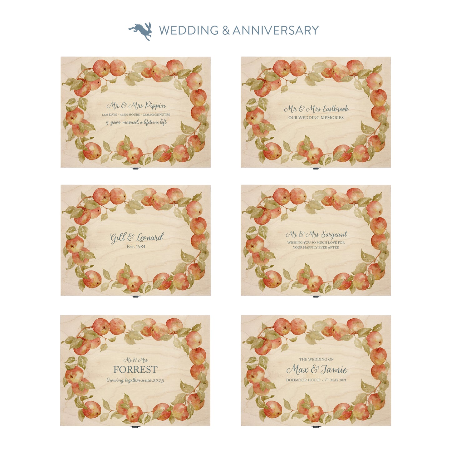 This shows our beautiful medium wooden & anniversary gift box with the various personalisation options you can choose to offer a truly customised present for a loved one. Couples names, Mr & Mrs, dates the options are endless.