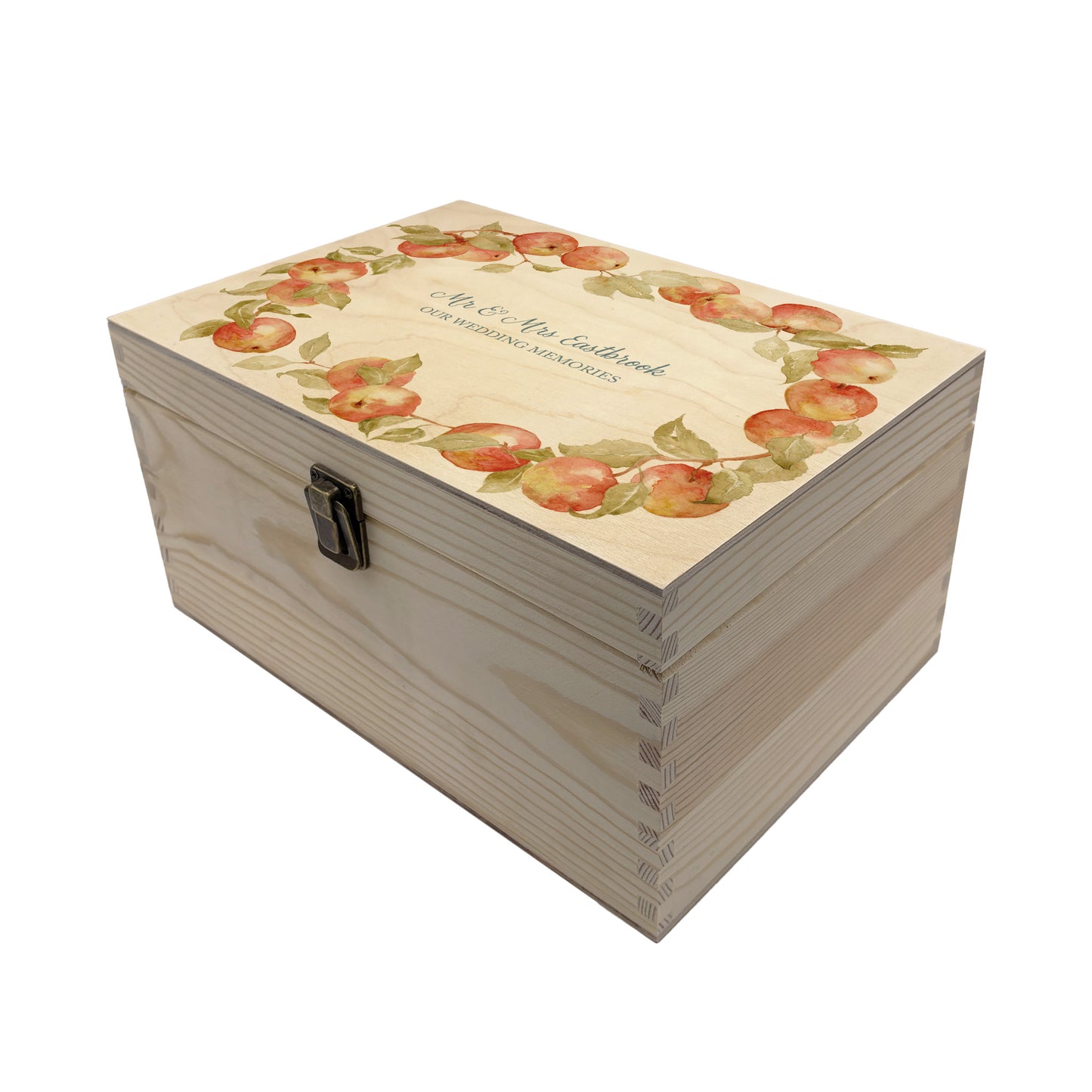 Medium Apple wreath Personalised wedding keepsake box with vibrant watercolour fruit design, featuring the couple’s names and wedding date on natural pine wood.