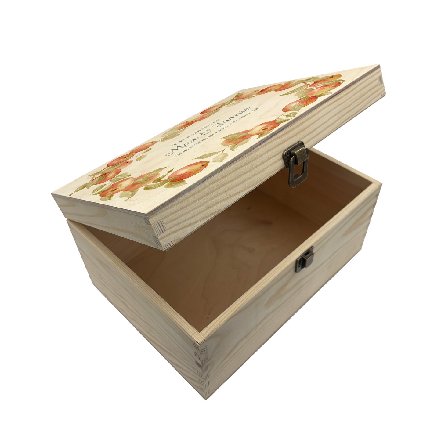 Medium Apple wreath Personalised wedding keepsake box with vibrant watercolour fruit design, featuring the couple’s names and wedding date on natural pine wood.