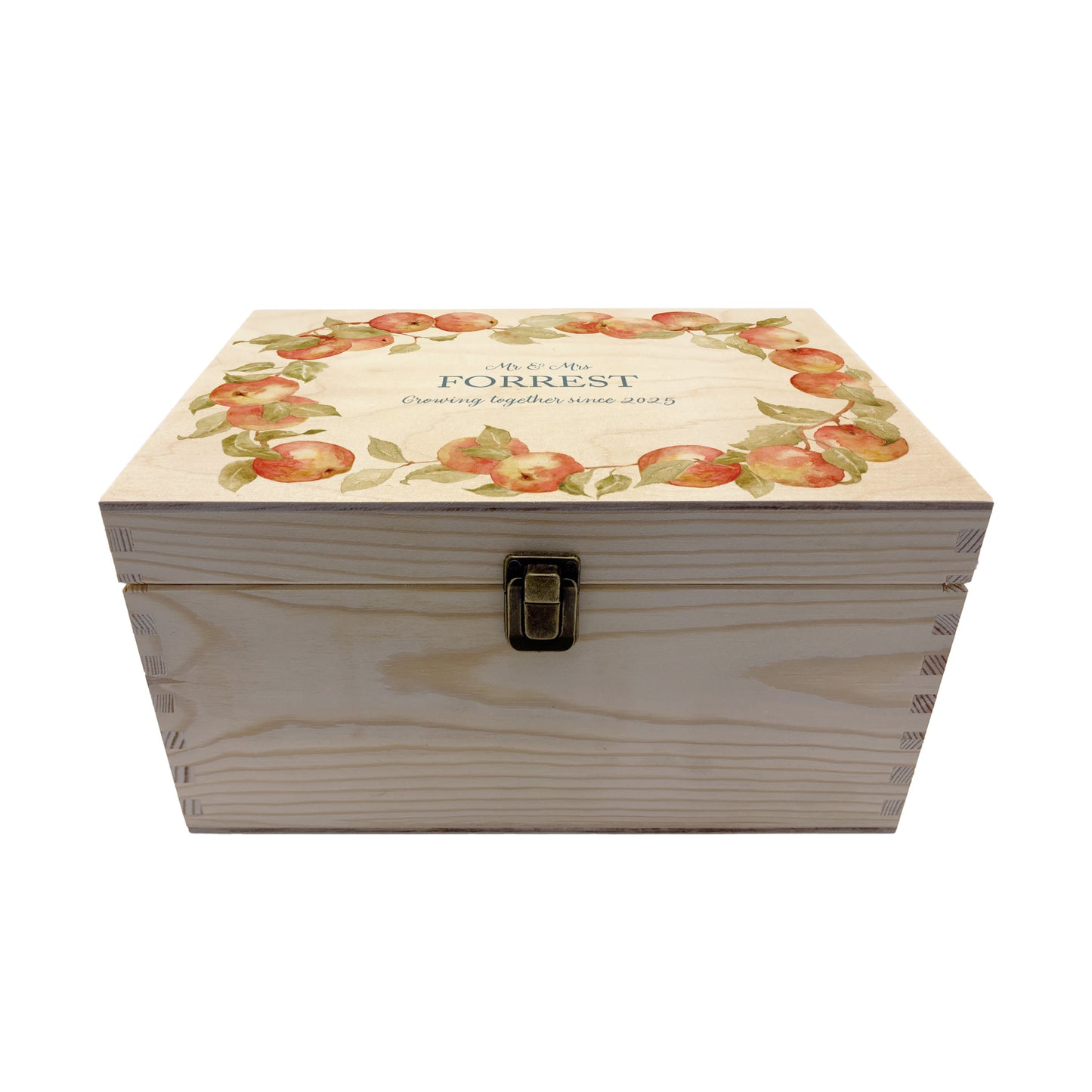 Medium Apple wreath Personalised wedding keepsake box with vibrant watercolour fruit design, featuring the couple’s names and wedding date on natural pine wood.