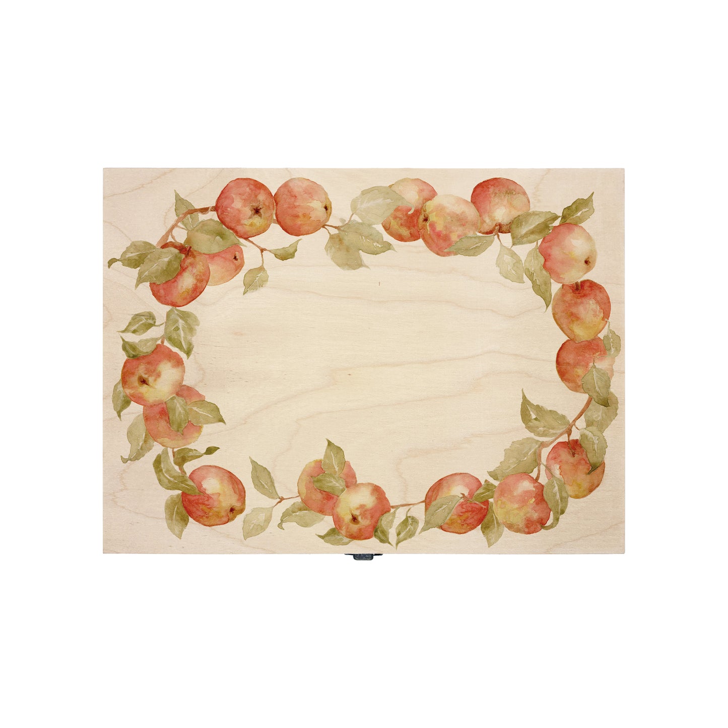 Medium Apple wreath Personalised wedding keepsake box with vibrant watercolour fruit design, featuring the couple’s names and wedding date on natural pine wood.