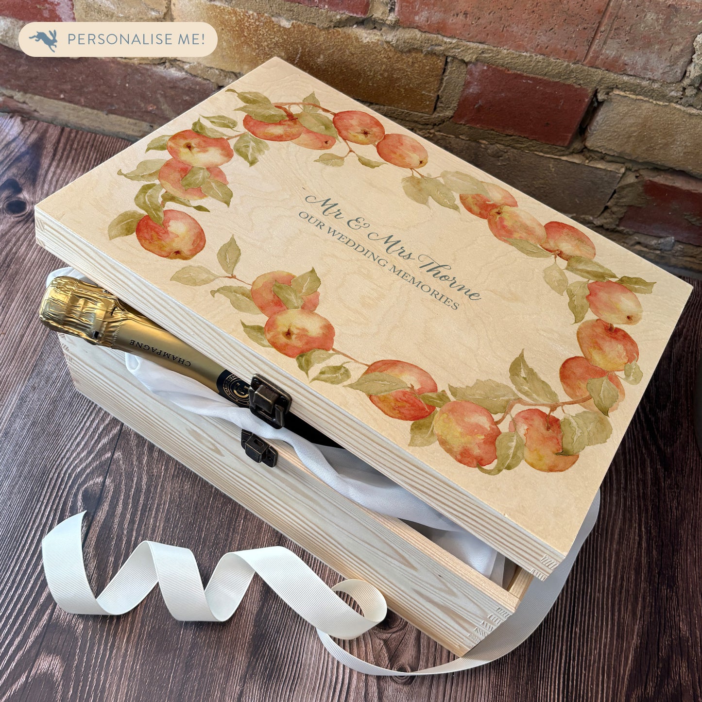 Large Apple wreath Personalised wedding keepsake box with vibrant watercolour fruit design, featuring the couple’s names and wedding date on natural pine wood.