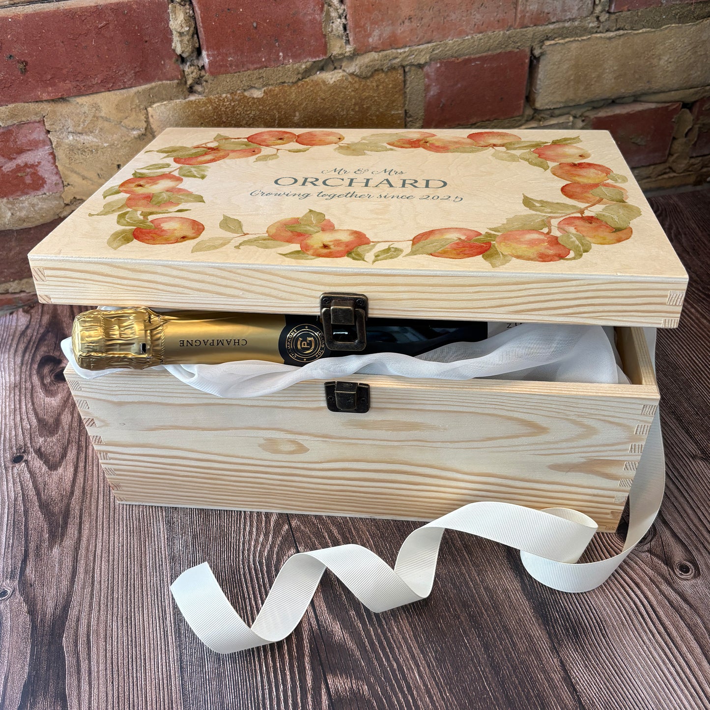 Large Apple wreath Personalised wedding keepsake box with vibrant watercolour fruit design, featuring the couple’s names and wedding date on natural pine wood.