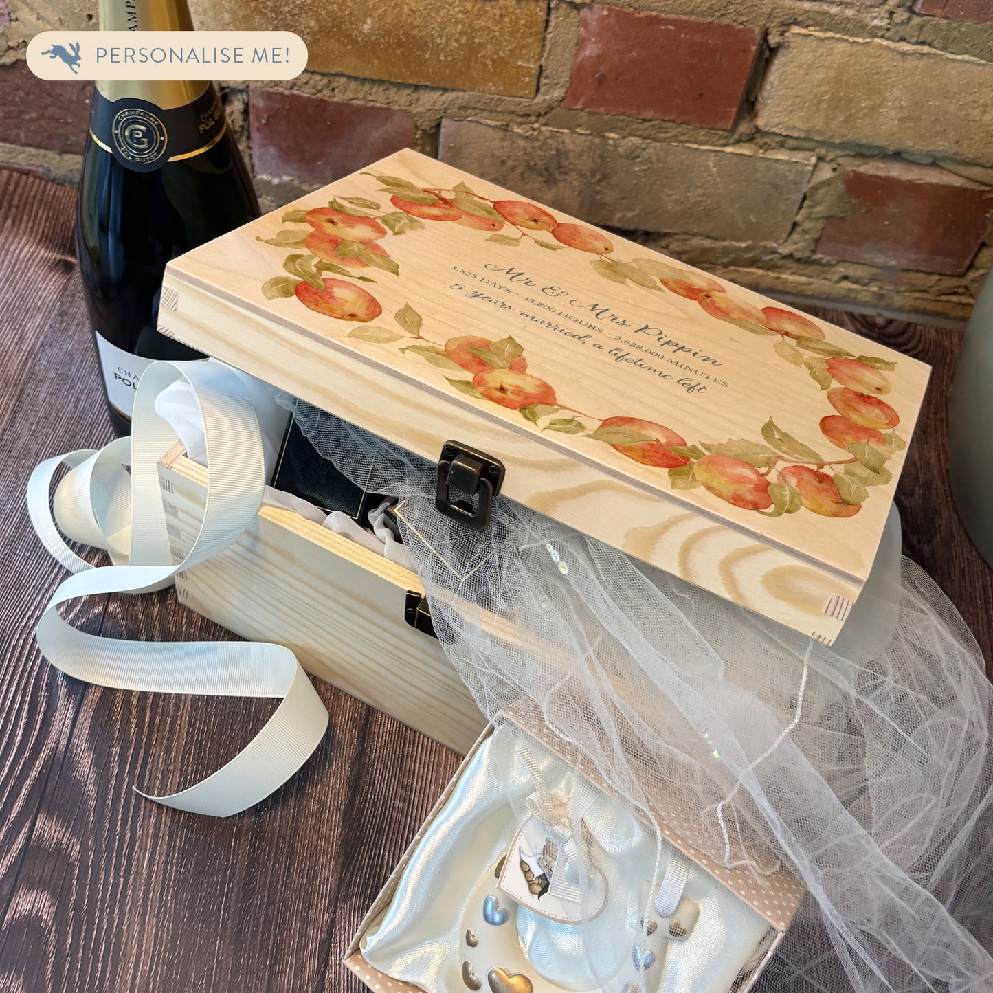Medium Apple wreath Personalised wedding keepsake box with vibrant watercolour fruit design, featuring the couple’s names and wedding date on natural pine wood.
