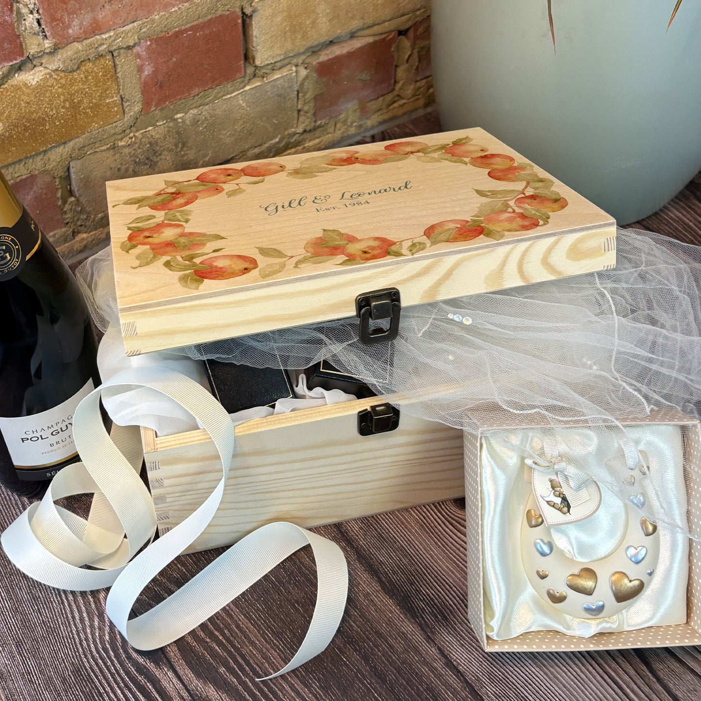 Medium Apple wreath Personalised wedding keepsake box with vibrant watercolour fruit design, featuring the couple’s names and wedding date on natural pine wood.