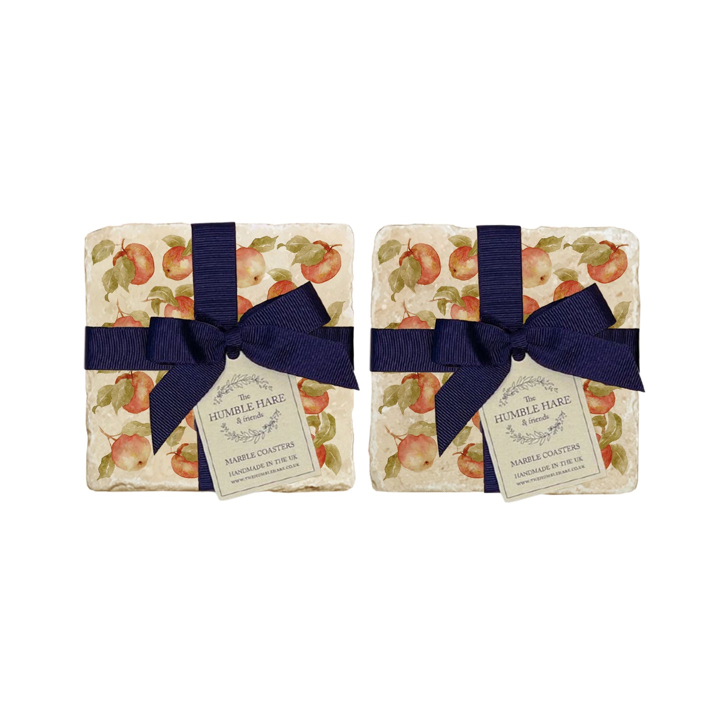 A set of 4 handmade marble coasters featuring a watercolour apple pattern, packaged in 2 pairs, with a luxurious blue bow and gift tag.