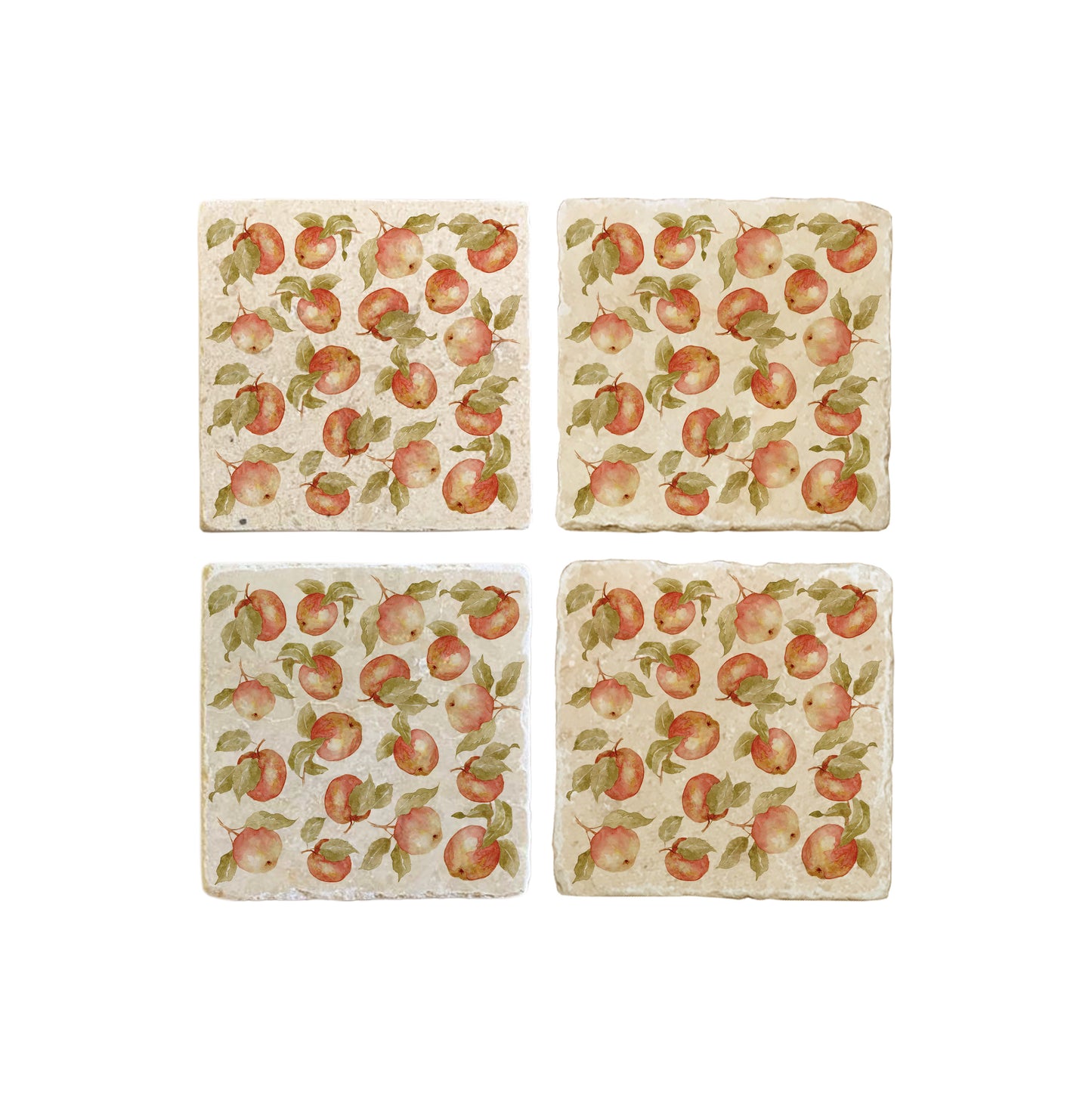 A set of 4 square marble coasters, featuring a maximalist watercolour pattern of red and green apples.