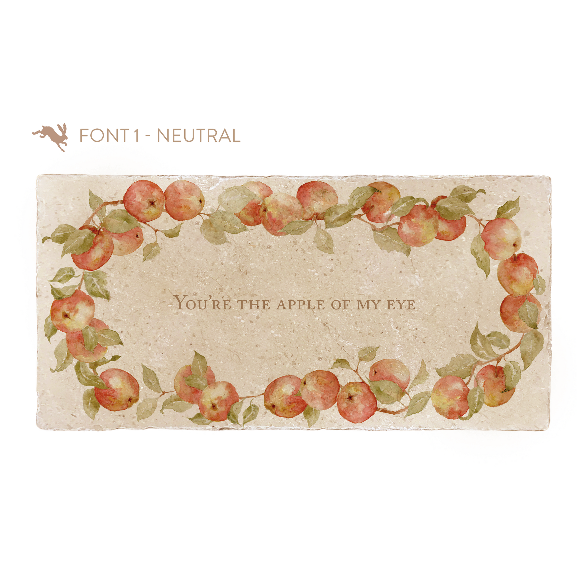 A marble sharing platter featuring a wreath of apples and leaves, personalised with a bespoke message in the centre of the platter in a neutral font.