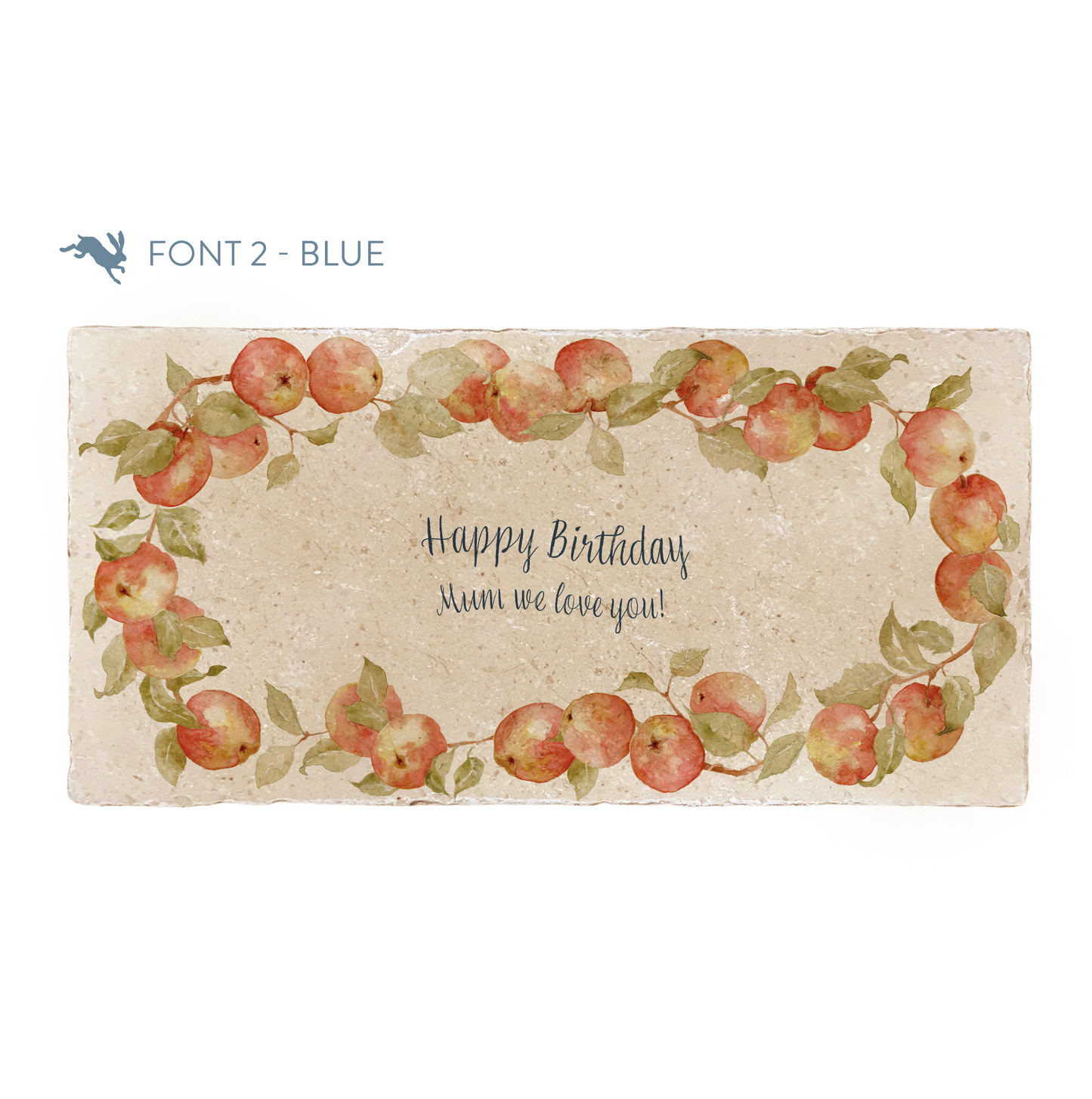 A marble sharing platter featuring a wreath of apples and leaves, personalised with ‘Happy Birthday Mum We Love You!’ in the centre of the platter in a blue calligraphy font.