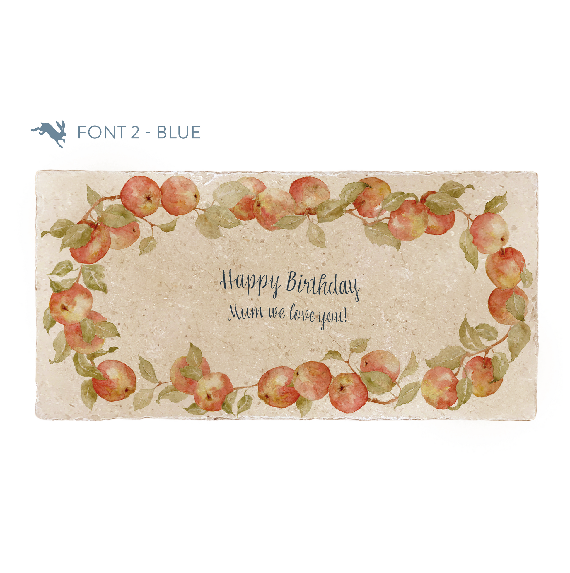 A marble sharing platter featuring a wreath of apples and leaves, personalised with ‘Happy Birthday Mum We Love You!’ in the centre of the platter in a blue calligraphy font.