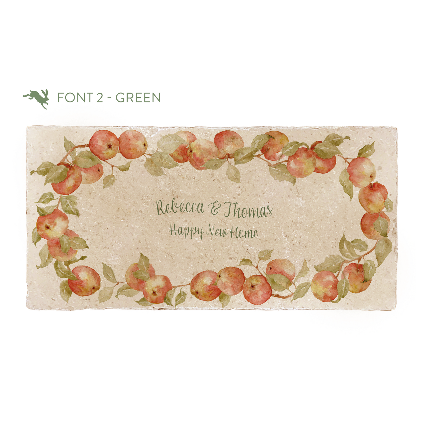 A marble sharing platter featuring a wreath of apples and leaves, personalised with a couple’s names and ‘Happy New Home’ in the centre of the platter in a green calligraphy font.