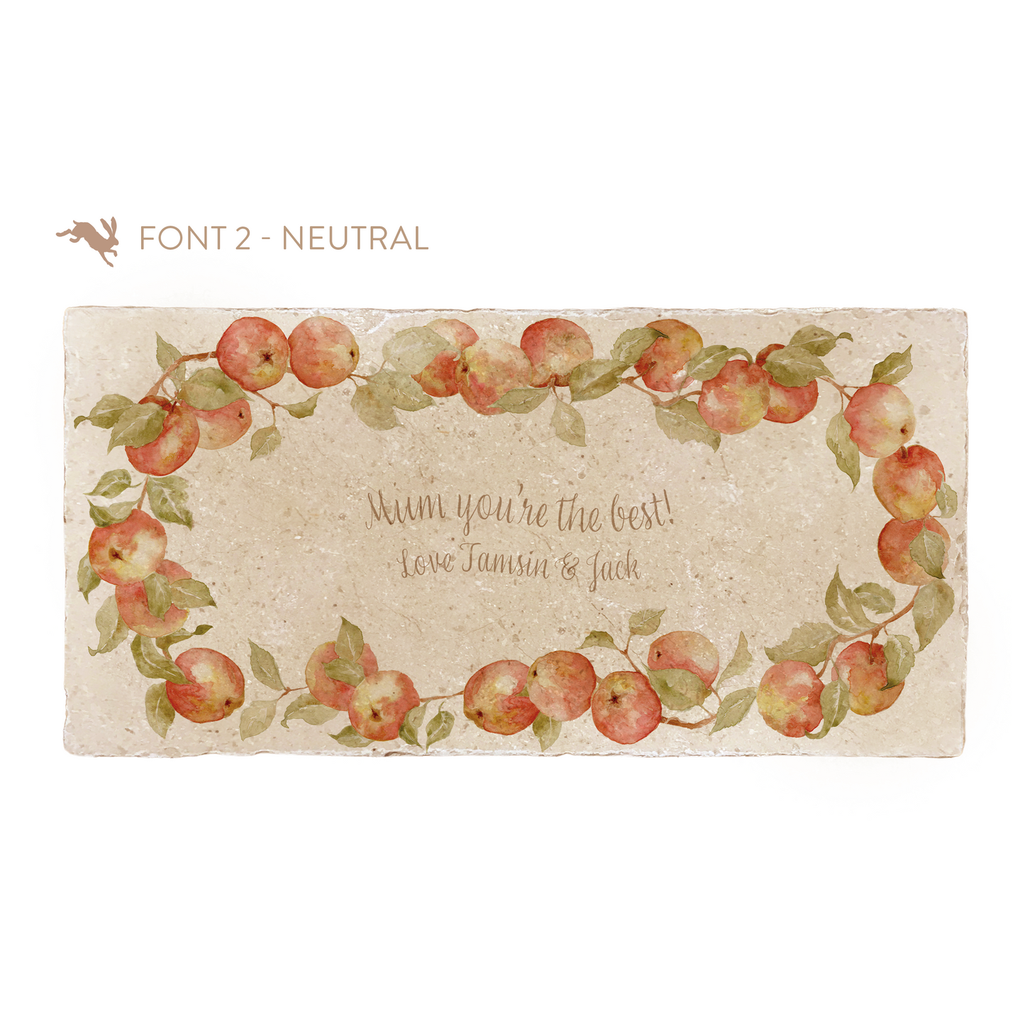 A marble sharing platter featuring a wreath of apples and leaves, personalised with ‘Mum you’re the best!’ and personalised names in the centre of the platter in a neutral calligraphy font.
