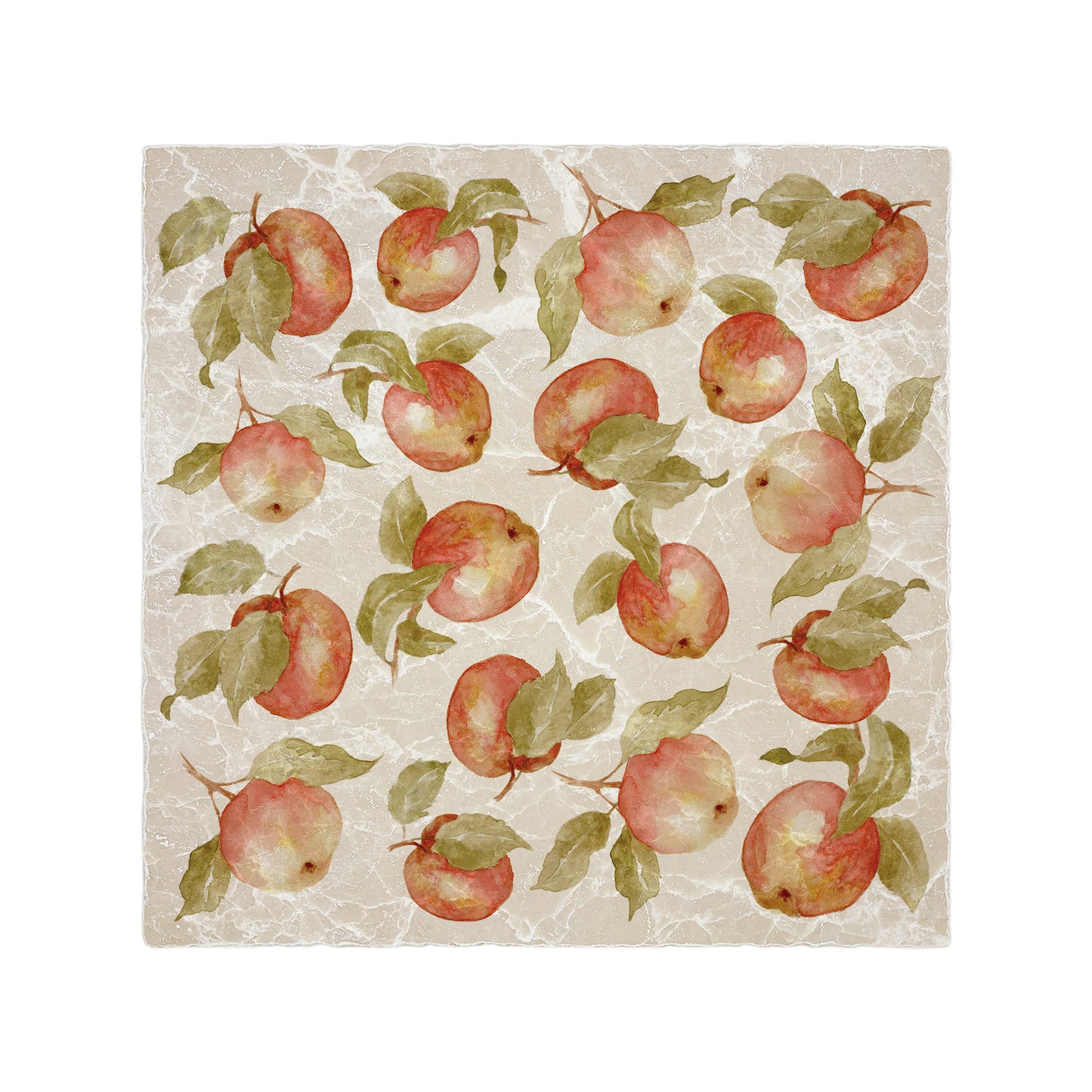 A handmade cream marble 30.5x30.5cm wall tile with a maximalist watercolour apple pattern.