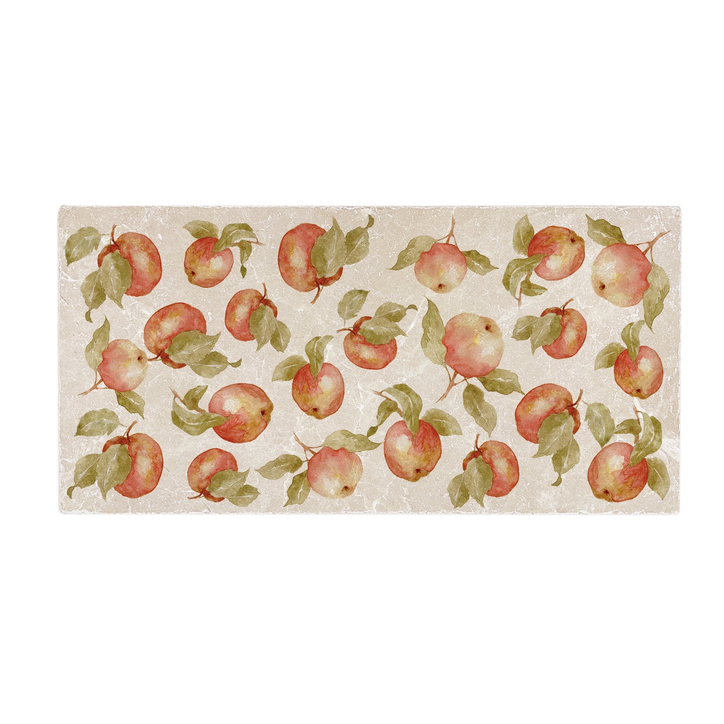 A handmade cream marble 20x40cm wall tile with a maximalist watercolour apple pattern.