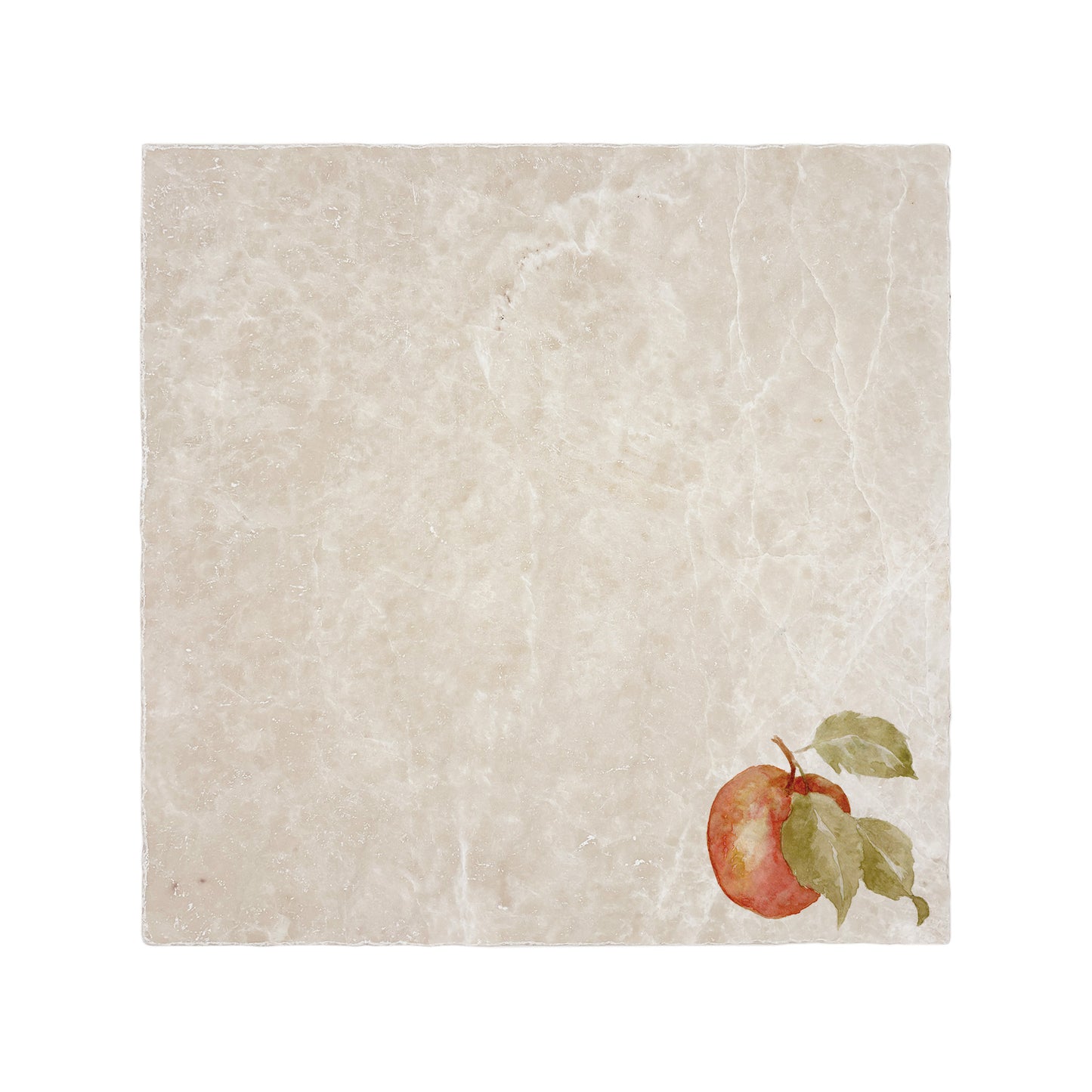 A cream marble 30.5x30.5cm wall tile with a minimalistic watercolour apple design.