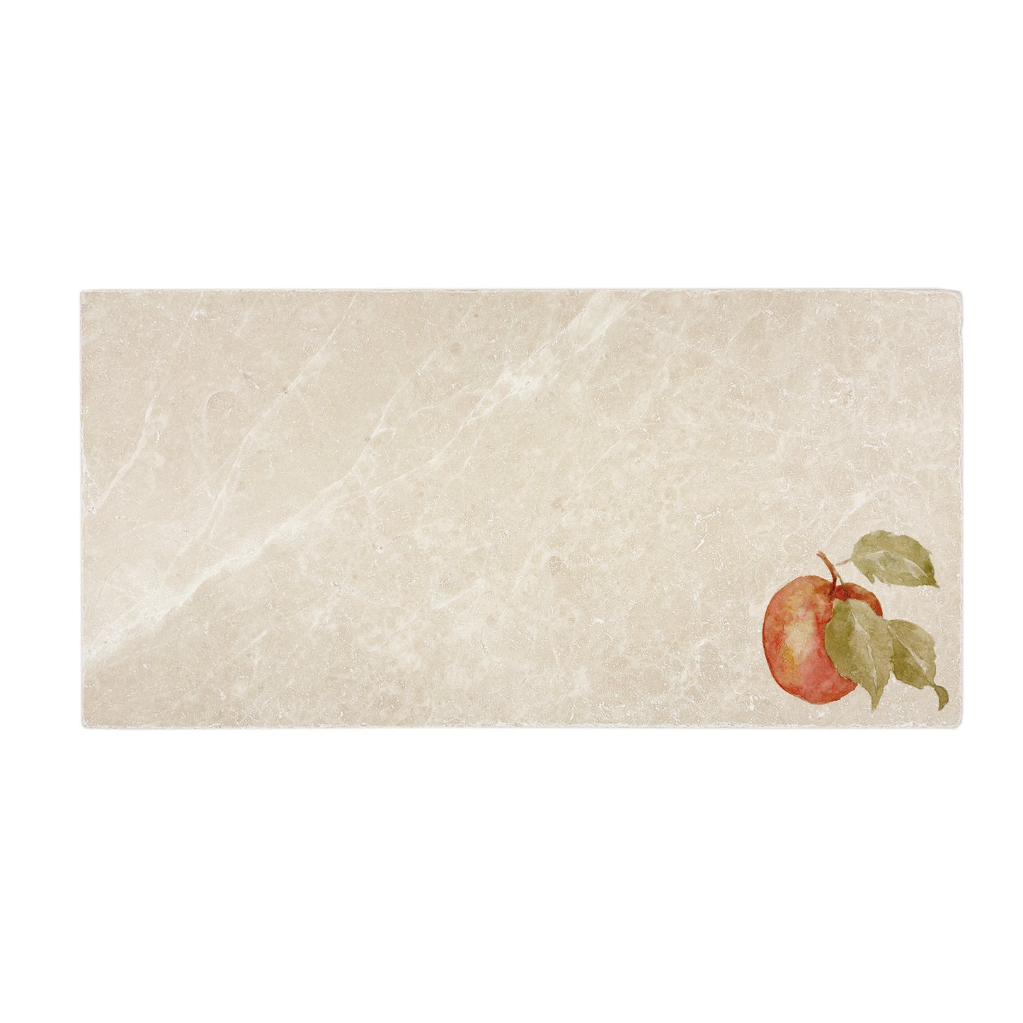 A handmade cream marble 20x40cm wall tile with a minimalistic watercolour apple design.