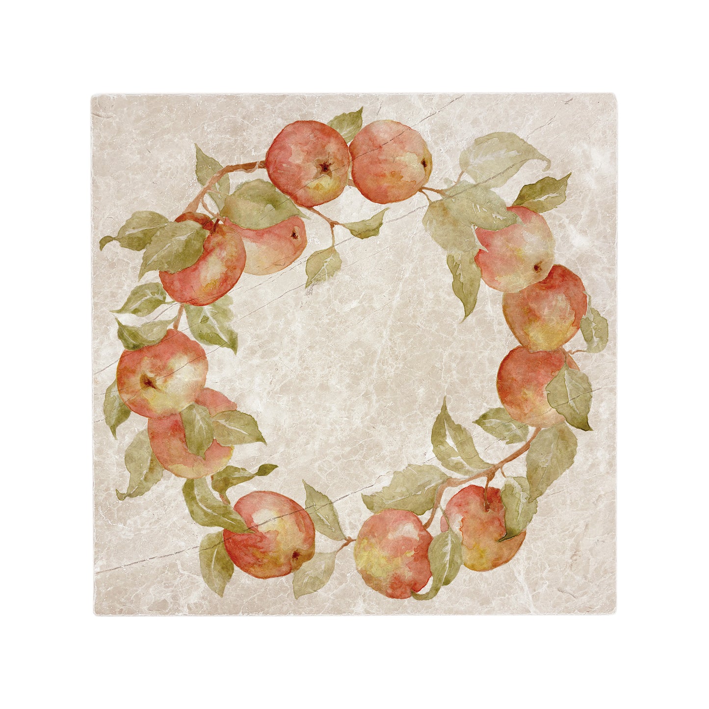 A 30.5x30.5cm cream marble tile with a watercolour design featuring a wreath of apples and leaves.