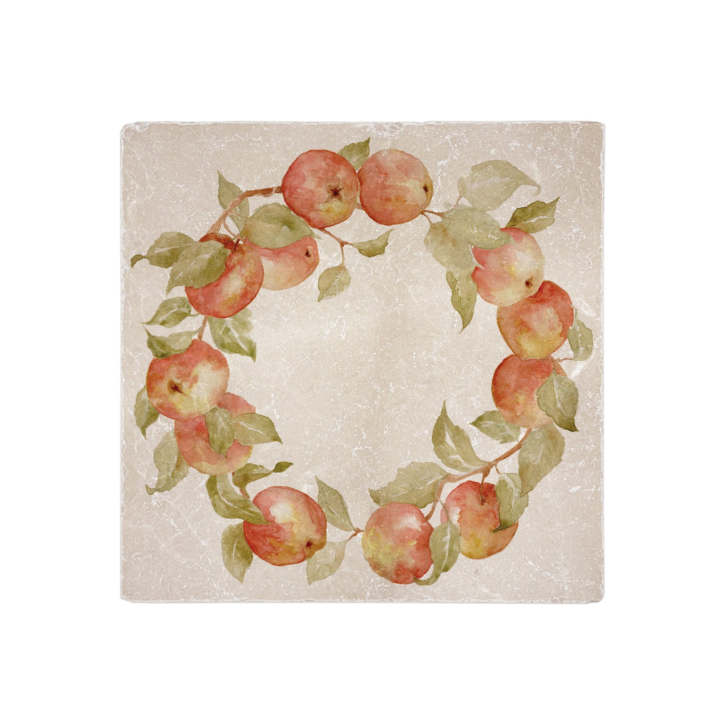 A 20x20cm cream marble tile with a watercolour design of red apples and green leaves in a rustic wreath.