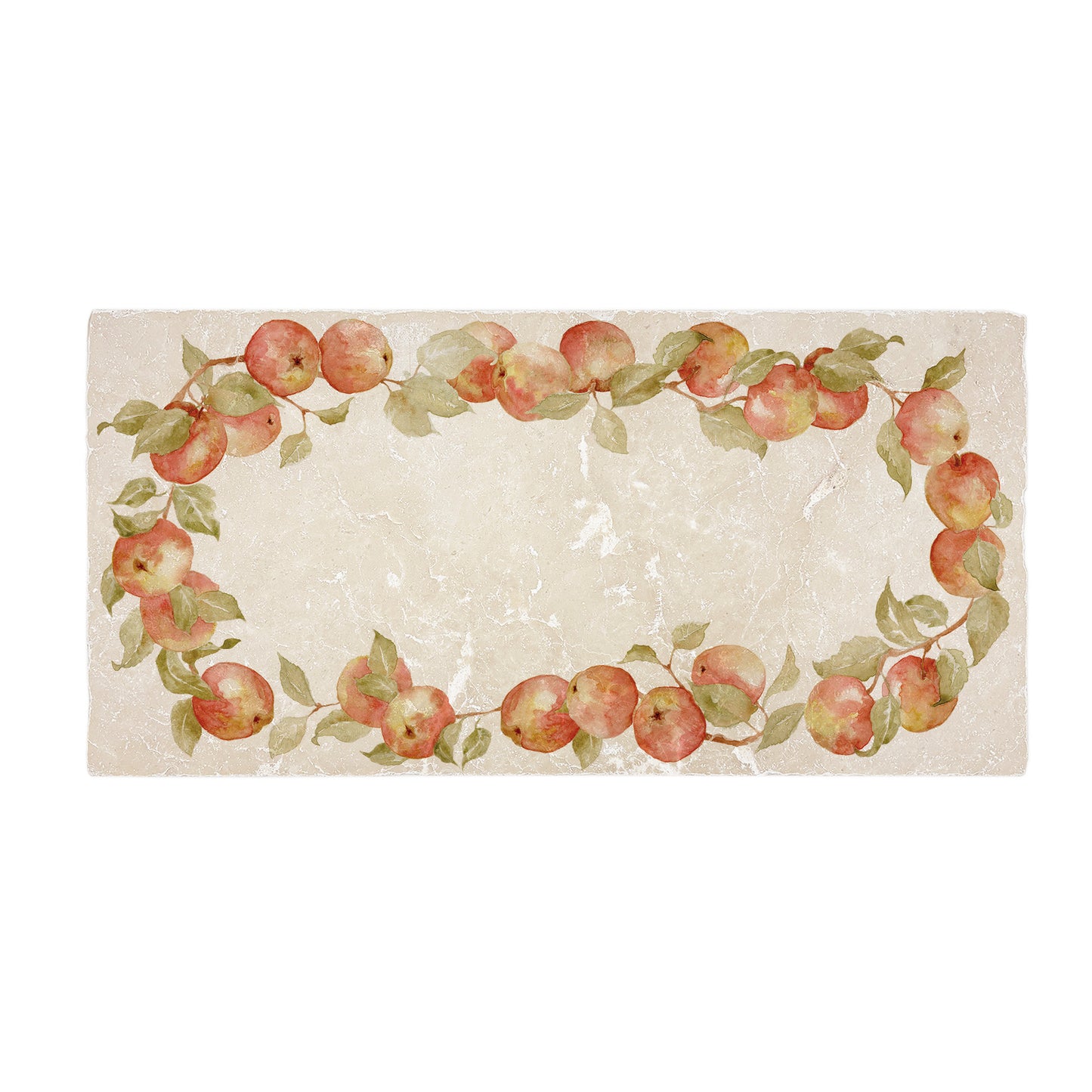 A 20x40cm cream marble tile with a watercolour design featuring a wreath of apples and leaves.