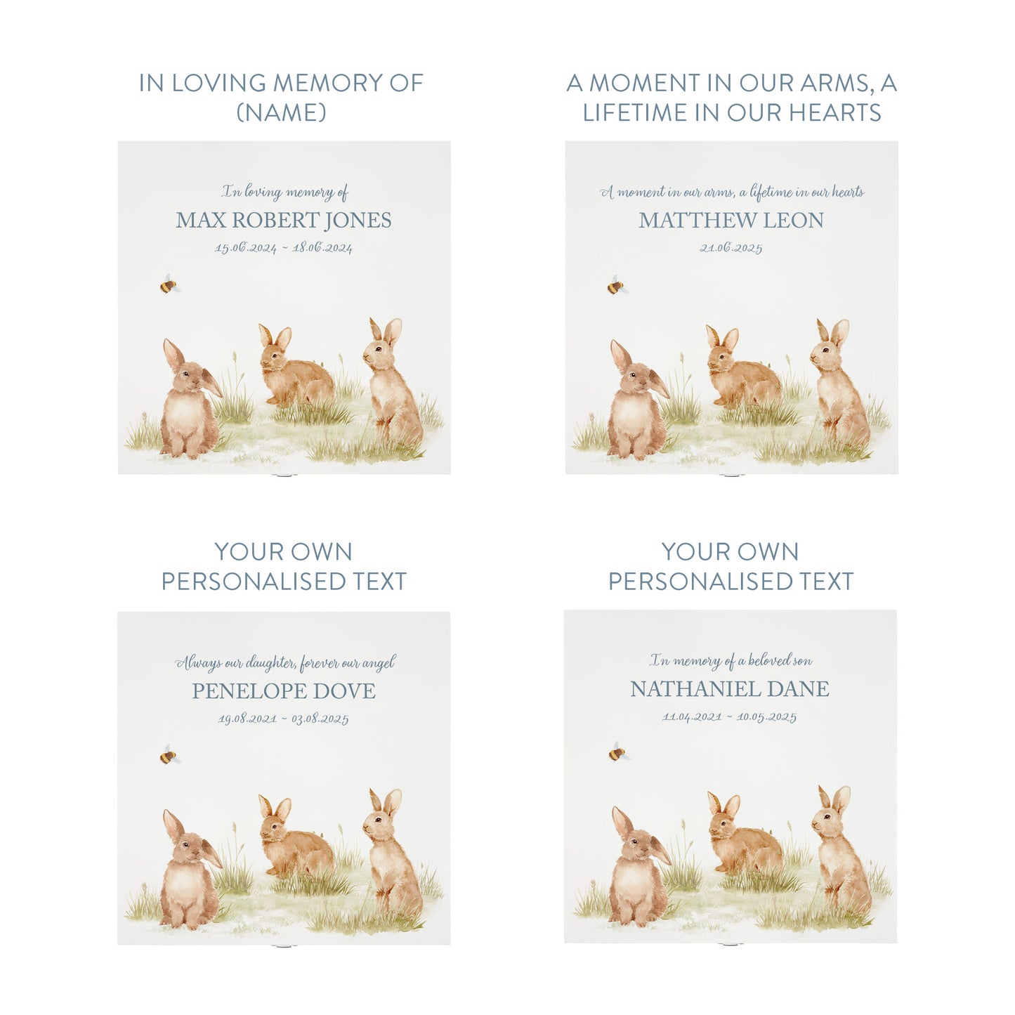 White Square personalised Wooden box with a decorative lid featuring illustrations Baby Bunnies Perfect funeral memory keepsake box, for storing ashes, order of service, flowers and coping with baby loss capturing your loved ones things in one place.