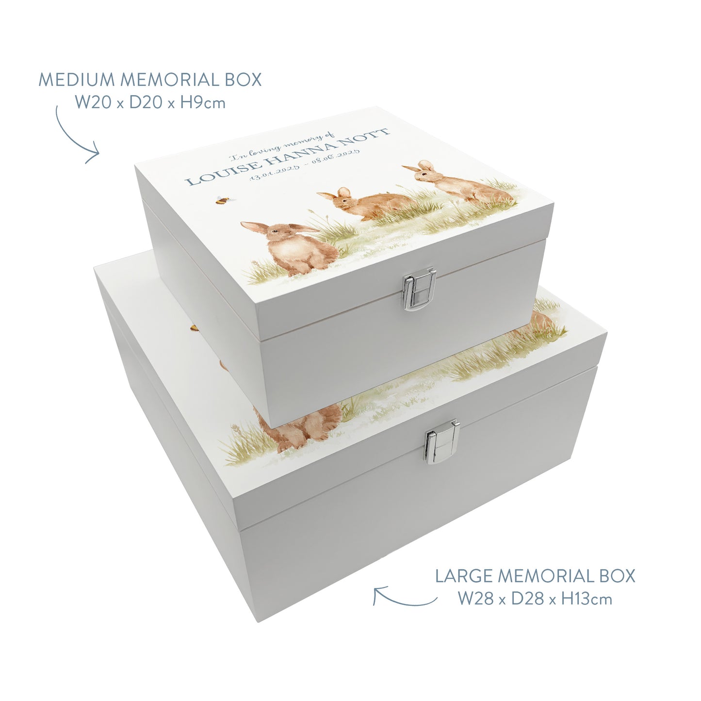 White Square personalised Wooden box with a decorative lid featuring illustrations Baby Bunnies Perfect funeral memory keepsake box, for storing ashes, order of service, flowers and coping with baby loss capturing your loved ones things in one place.
