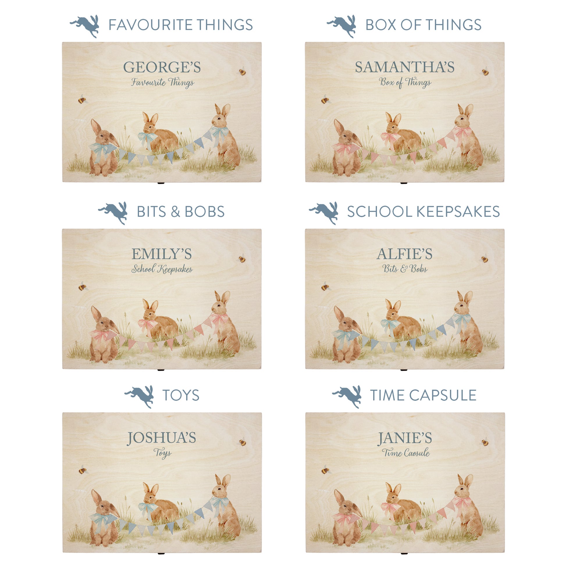 This baby animal design can be personalised by adding a beautiful bunting and a luxurious bow around their necks in blue or pink. Add the extra special touch to your special occasion.  This pictures shows examples of some different ways to personalise your beautiful gift box for your friend, loved one and little person in your life. "Box of things" "School keepsakes" "Time Capsule"  "Favourite things" "Bits and Bobs" "Toys" "Christening memory box"