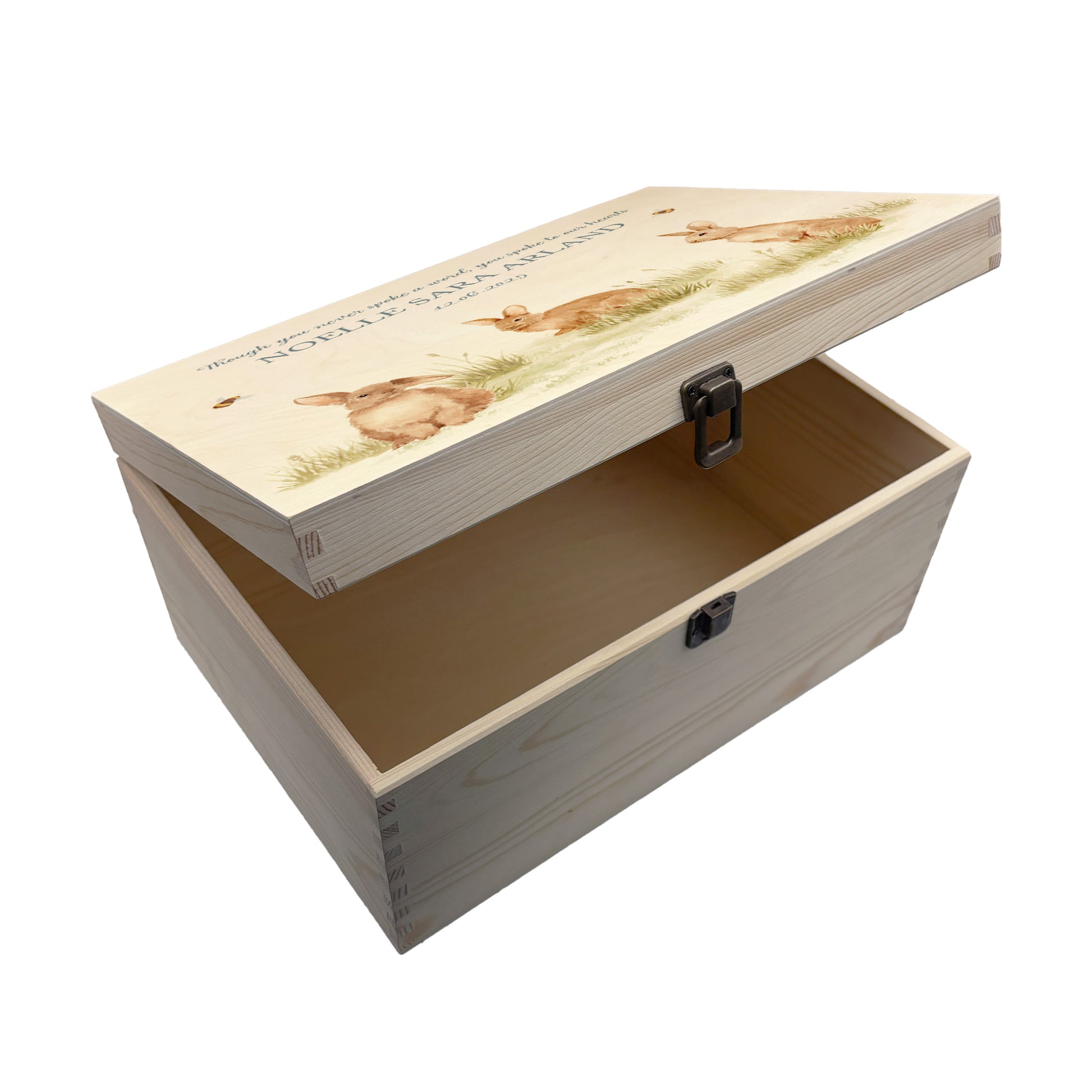 Wooden box with a decorative lid featuring illustrations Baby bunnies Perfect funeral memory keepsake box, for storing ashes, order of service, flowers and coping with baby loss capturing your loved ones things in one place