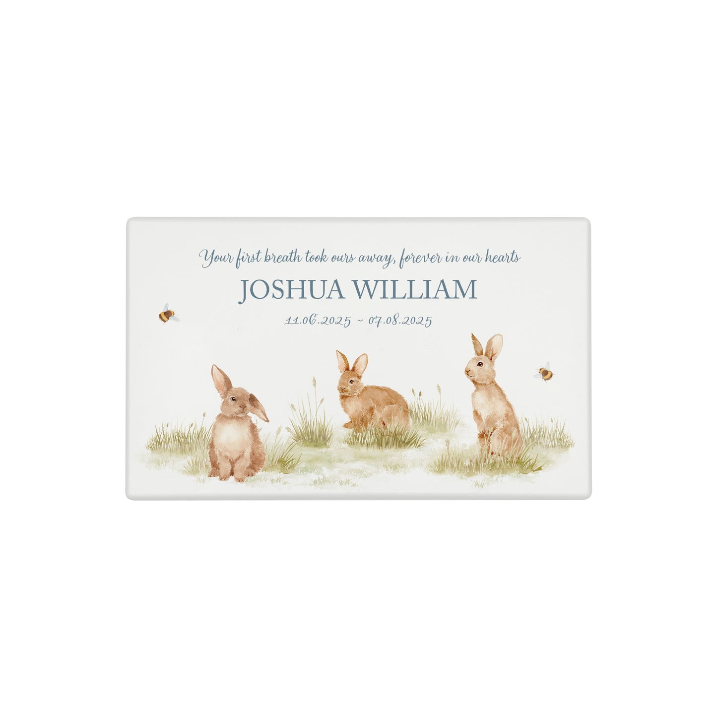Luxury solid wooden white painted Urn , Featuring Baby Bunnies, A watercolour illustration, our urns and Caskets for displaying or burying ashes. Customisable and can be personalised. Perfect funeral memory keepsake urn, for storing ashes for humans and pets. Coping with baby loss, baby memorial