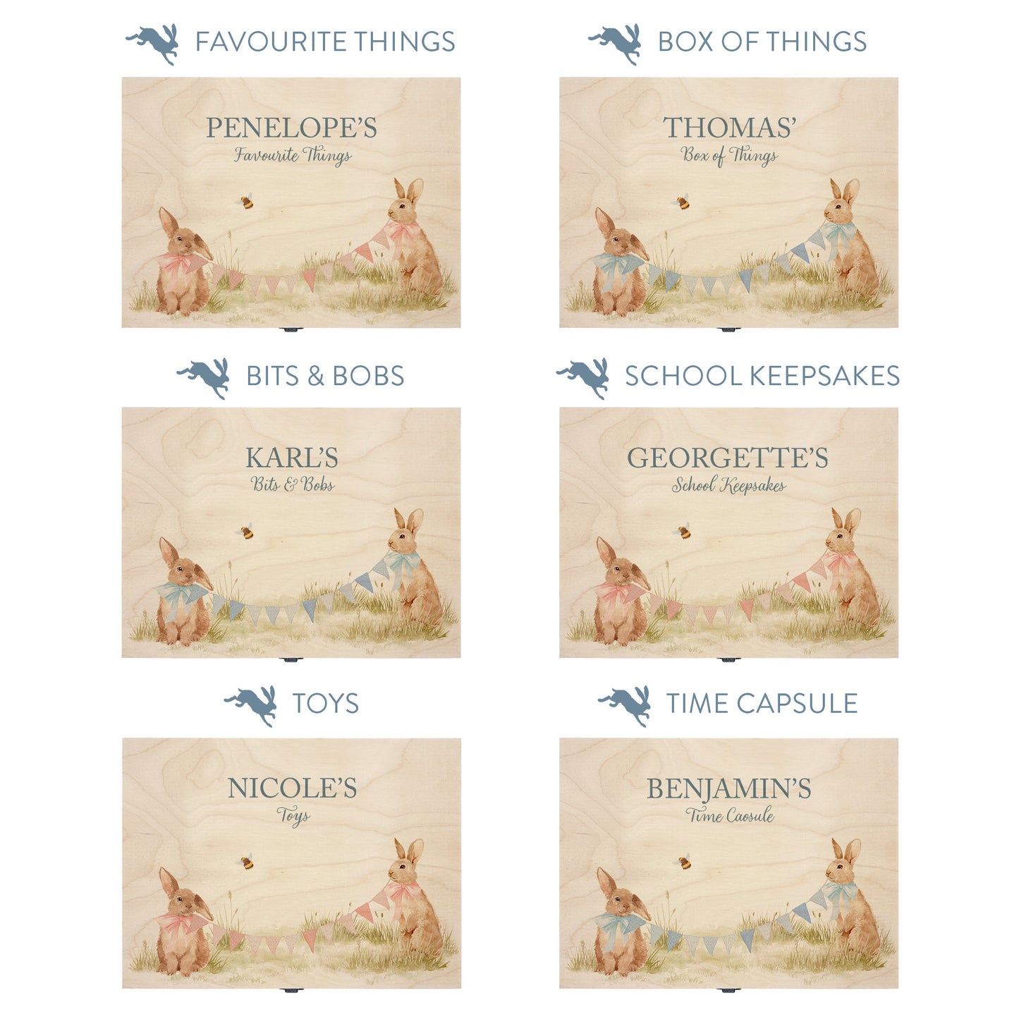 This baby animal design can be personalised by adding a beautiful bunting and a luxurious bow around their necks in blue or pink. Add the extra special touch to your special occasion.  This pictures shows examples of some different ways to personalise your beautiful gift box for your friend, loved one and little person in your life. "Box of things" "School keepsakes" "Time Capsule"  "Favourite things" "Bits and Bobs" "Toys" "Christening memory box"