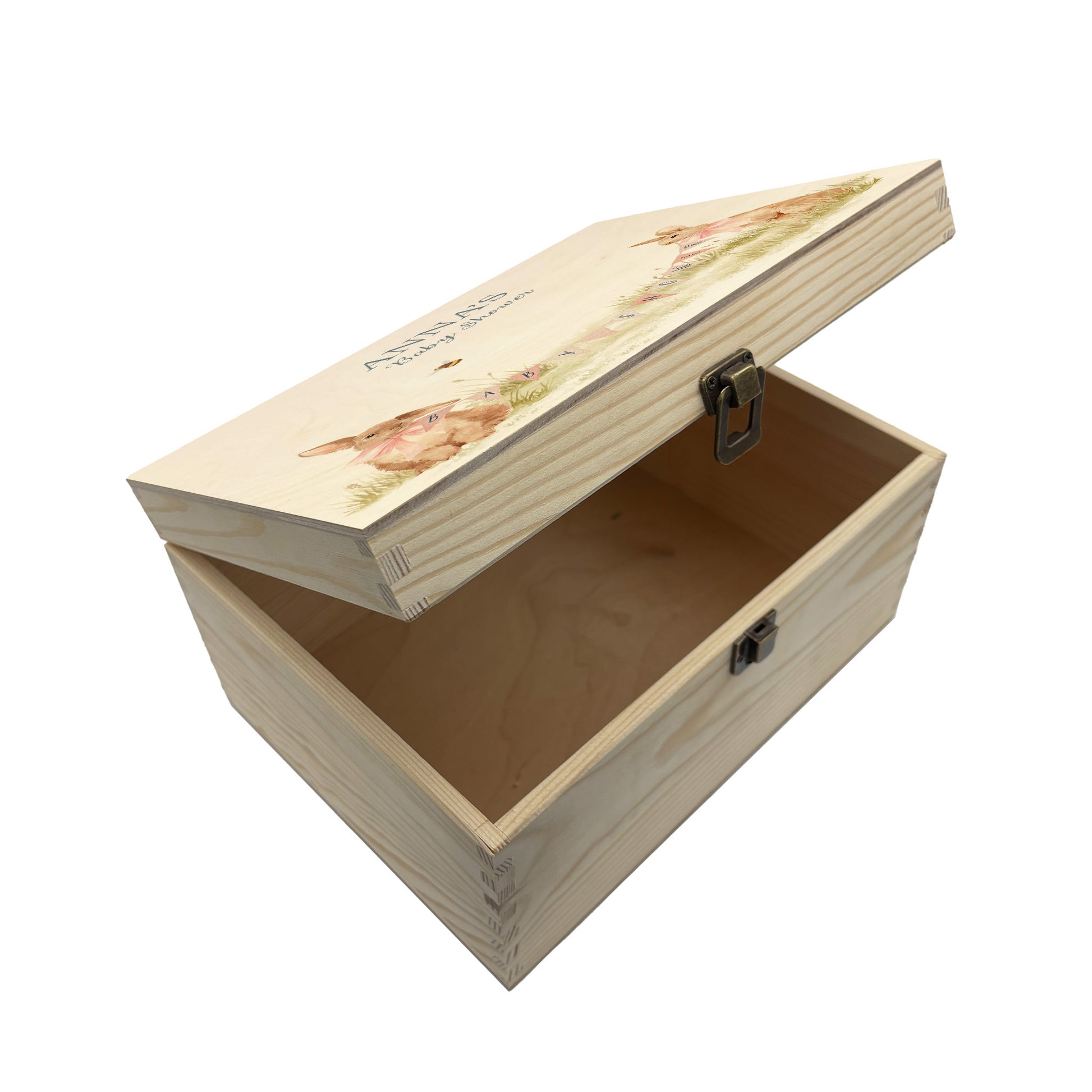 Medium sized wooden pine personalised keepsake box. The design theme is perfect for New babies, Welcome to the world, baby showers and christenings. This design has baby bunnies, playing in a meadow style grass and a buzzy Bee flying around. This design can be personalised by adding a beautiful bunting and a luxurious bow around their necks in blue or pink. Add the extra special touch to your special occasion.