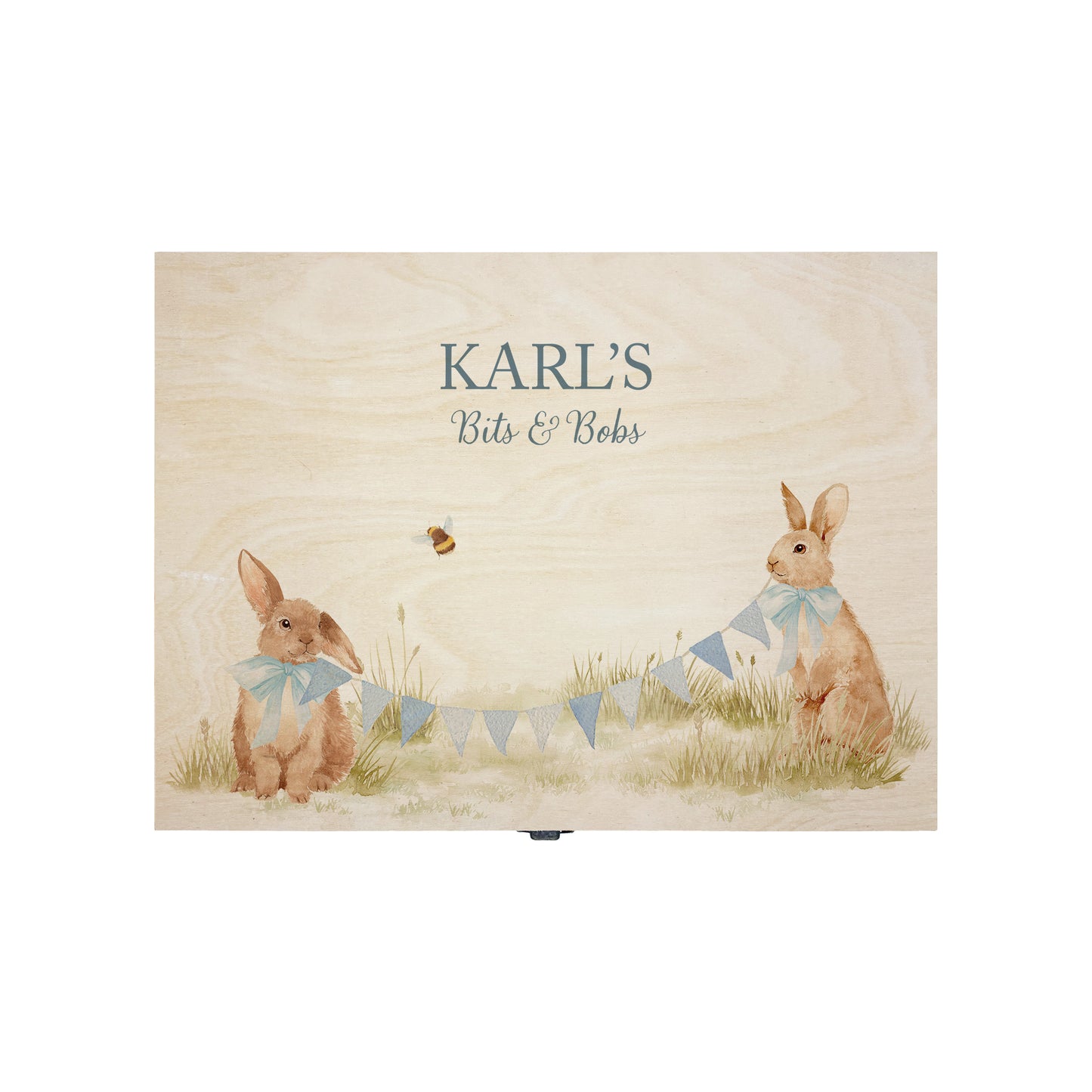 Medium sized wooden pine personalised keepsake box. The design theme is perfect for New babies, Welcome to the world, baby showers and christenings. This design has baby bunnies, playing in a meadow style grass and a buzzy Bee flying around. This design can be personalised by adding a beautiful bunting and a luxurious bow around their necks in blue or pink. Add the extra special touch to your special occasion.