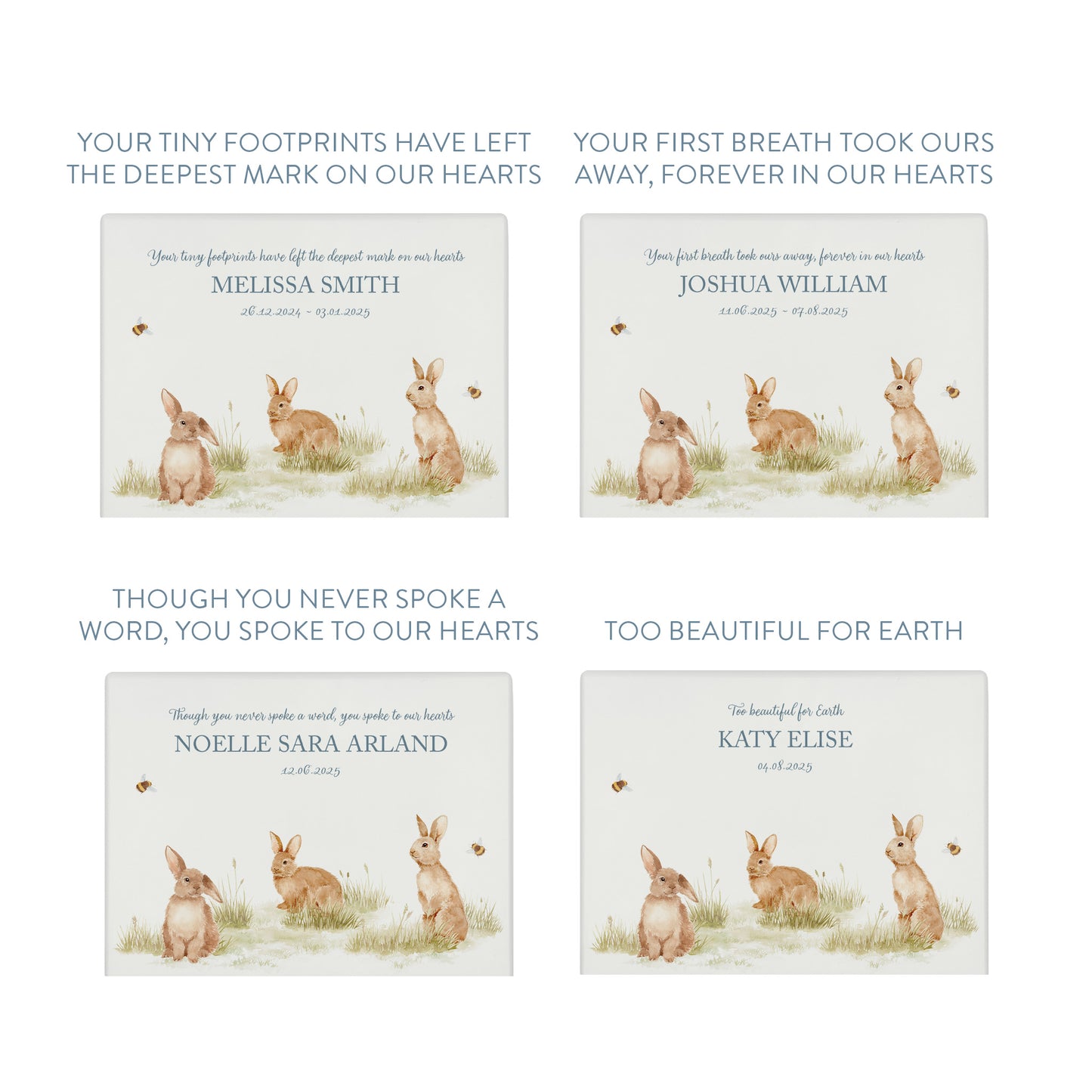 Luxury solid wooden white painted Urn with Baby Bunnies in a meadow with Buzzy Bees in a beautiful watercolour illustration our urns and Caskets for displaying or burying ashes. Customisable and can be personalised. Perfect funeral memory keepsake urn, for storing ashes for humans and pets. Coping with baby loss.