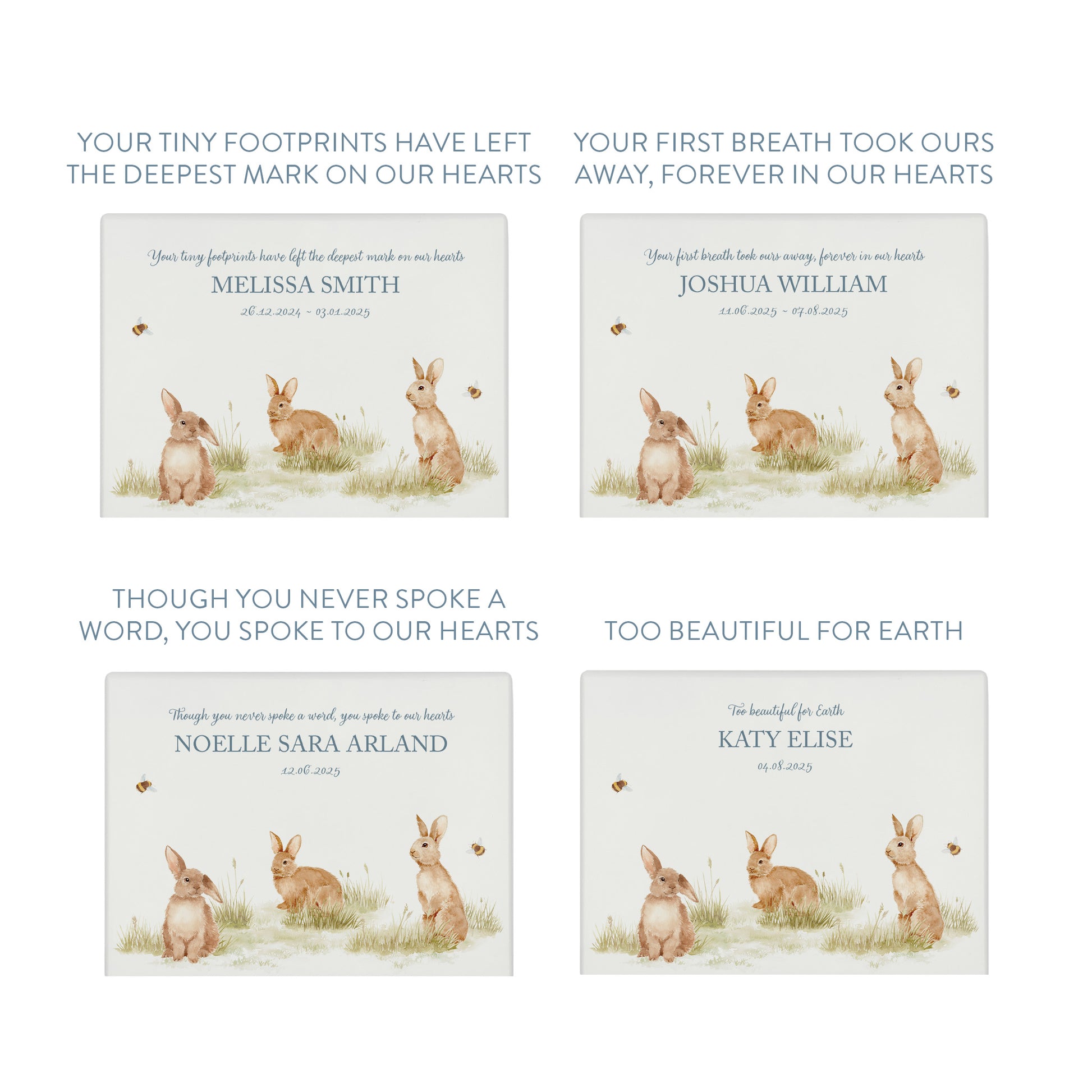 Luxury solid wooden white painted Urn  with Baby Bunnies in a meadow with Buzzy Bees in a beautiful watercolour illustration our urns and Caskets for displaying or burying ashes. Customisable and can be personalised. Perfect funeral memory keepsake urn, for storing ashes for humans and pets. Coping with baby loss.