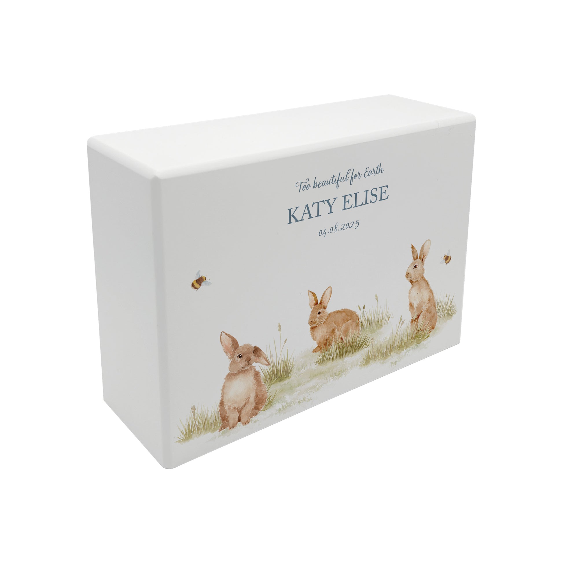 Luxury solid wooden white painted Urn  with Baby Bunnies in a meadow with Buzzy Bees in a beautiful watercolour illustration our urns and Caskets for displaying or burying ashes. Customisable and can be personalised. Perfect funeral memory keepsake urn, for storing ashes for humans and pets. Coping with baby loss.