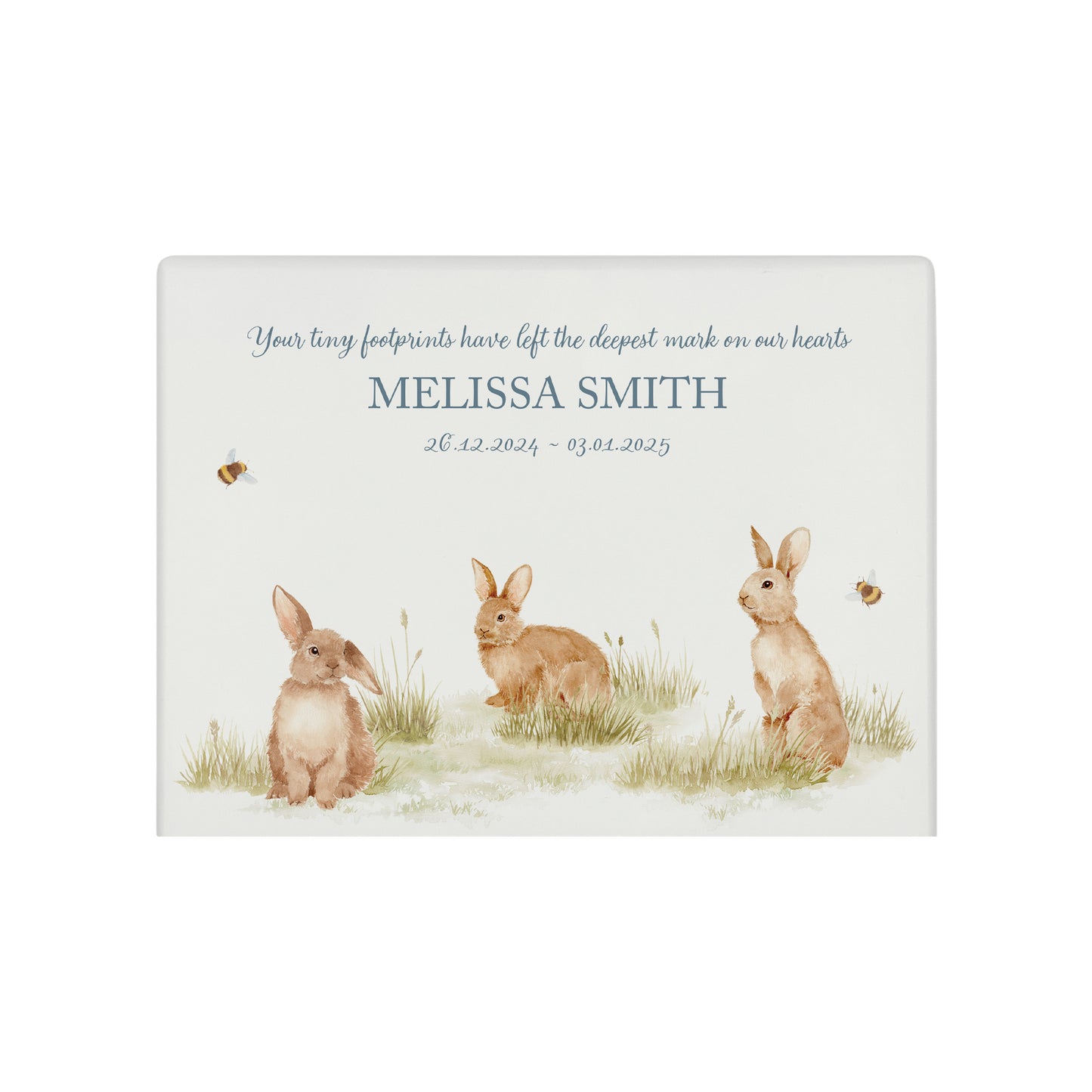 Luxury solid wooden white painted Urn with Baby Bunnies in a meadow with Buzzy Bees in a beautiful watercolour illustration our urns and Caskets for displaying or burying ashes. Customisable and can be personalised. Perfect funeral memory keepsake urn, for storing ashes for humans and pets. Coping with baby loss.