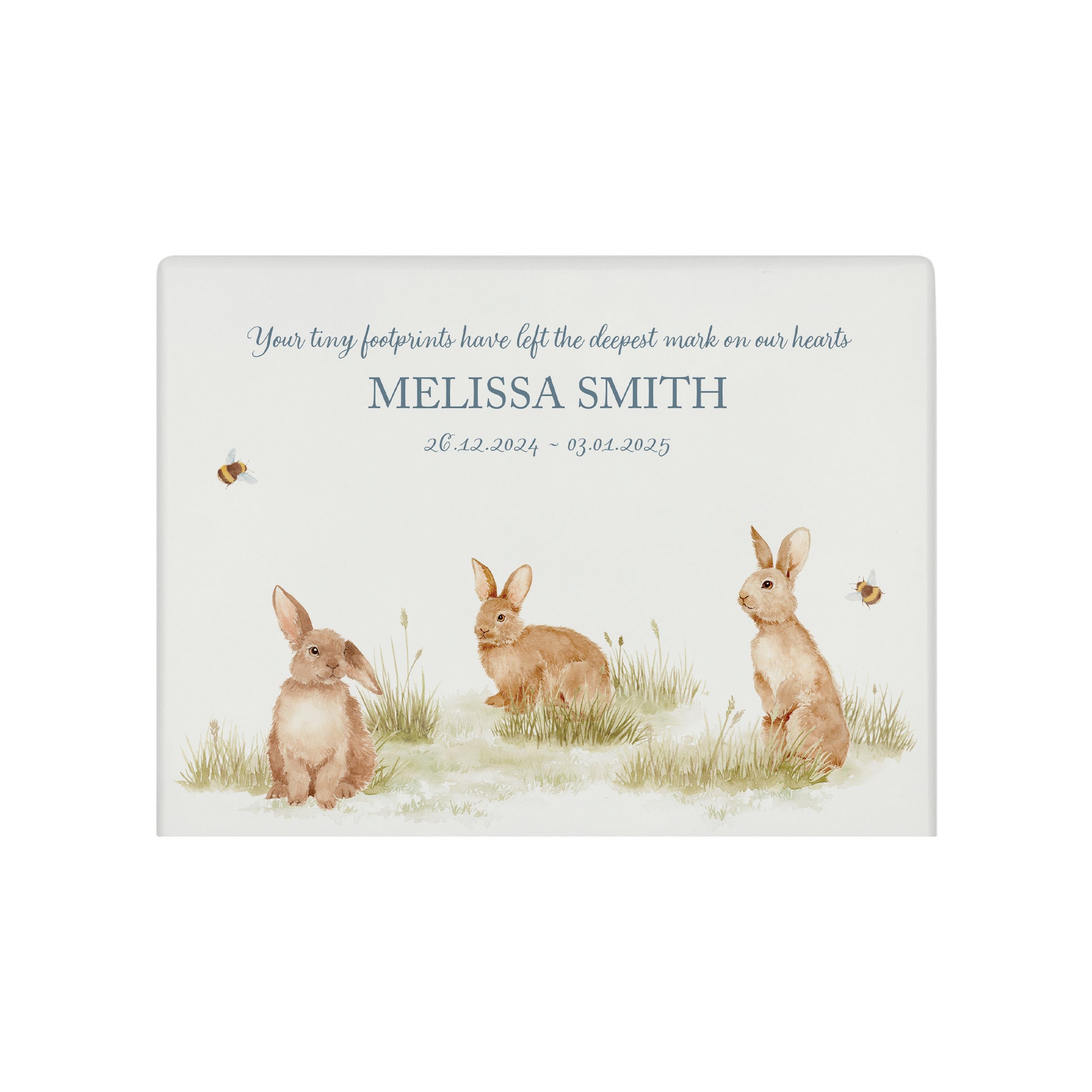 Luxury solid wooden white painted Urn  with Baby Bunnies in a meadow with Buzzy Bees in a beautiful watercolour illustration our urns and Caskets for displaying or burying ashes. Customisable and can be personalised. Perfect funeral memory keepsake urn, for storing ashes for humans and pets. Coping with baby loss.