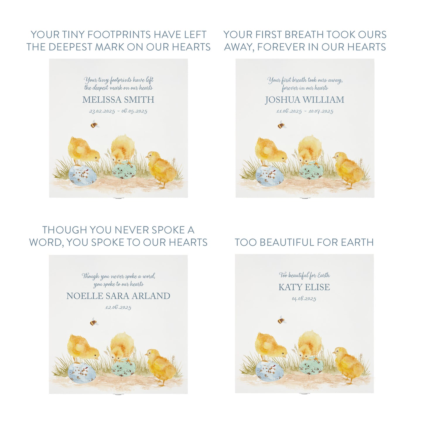 White Square personalised Wooden box with a decorative lid featuring illustrations Baby Chicks Perfect funeral memory keepsake box, for storing ashes, order of service, flowers and coping with baby loss capturing your loved ones things in one place.