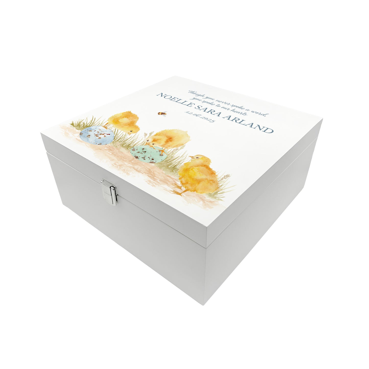 White Square personalised Wooden box with a decorative lid featuring illustrations Baby Chicks Perfect funeral memory keepsake box, for storing ashes, order of service, flowers and coping with baby loss capturing your loved ones things in one place.