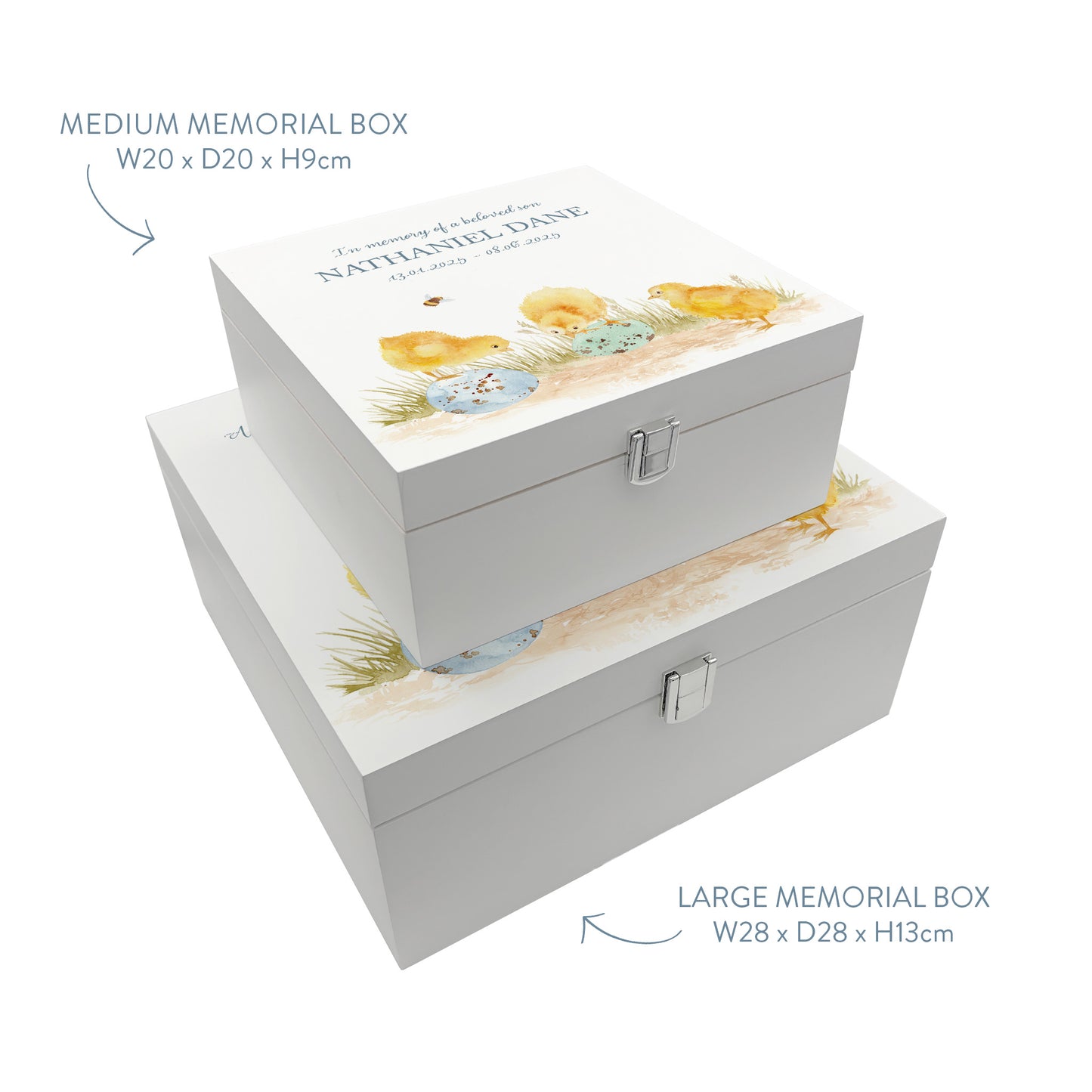 White Square personalised Wooden box with a decorative lid featuring illustrations Baby Chicks Perfect funeral memory keepsake box, for storing ashes, order of service, flowers and coping with baby loss capturing your loved ones things in one place.