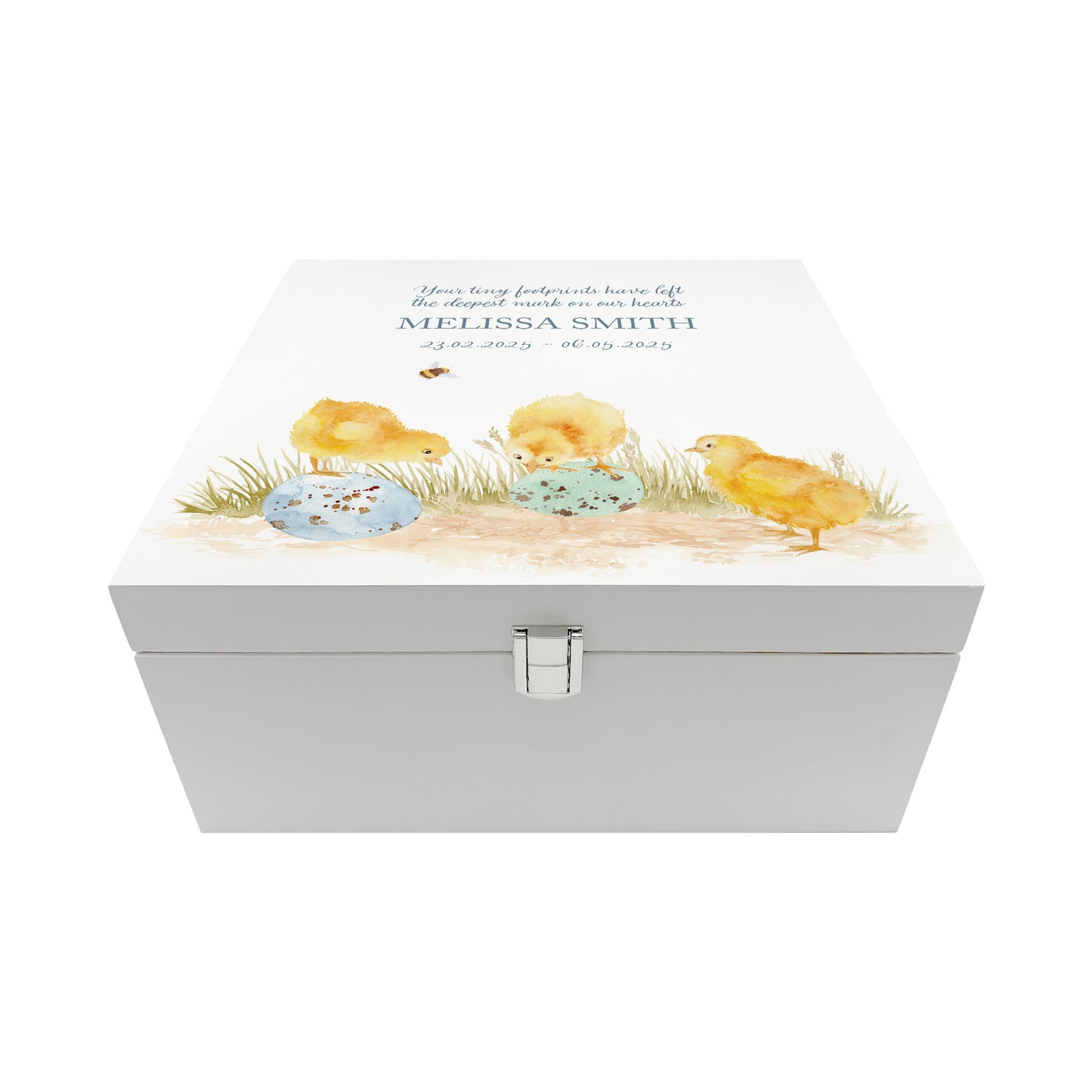 White Square personalised Wooden box with a decorative lid featuring illustrations Baby Chicks Perfect funeral memory keepsake box, for storing ashes, order of service, flowers and coping with baby loss capturing your loved ones things in one place.
