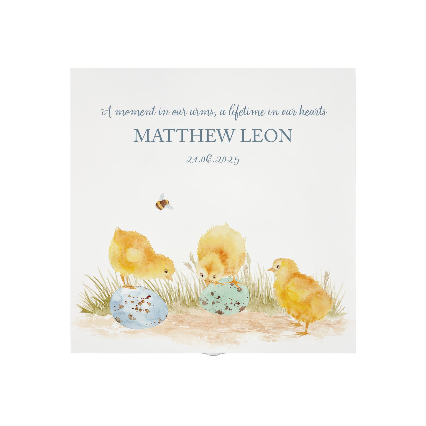 White Square personalised Wooden box with a decorative lid featuring illustrations Baby Chicks Perfect funeral memory keepsake box, for storing ashes, order of service, flowers and coping with baby loss capturing your loved ones things in one place.